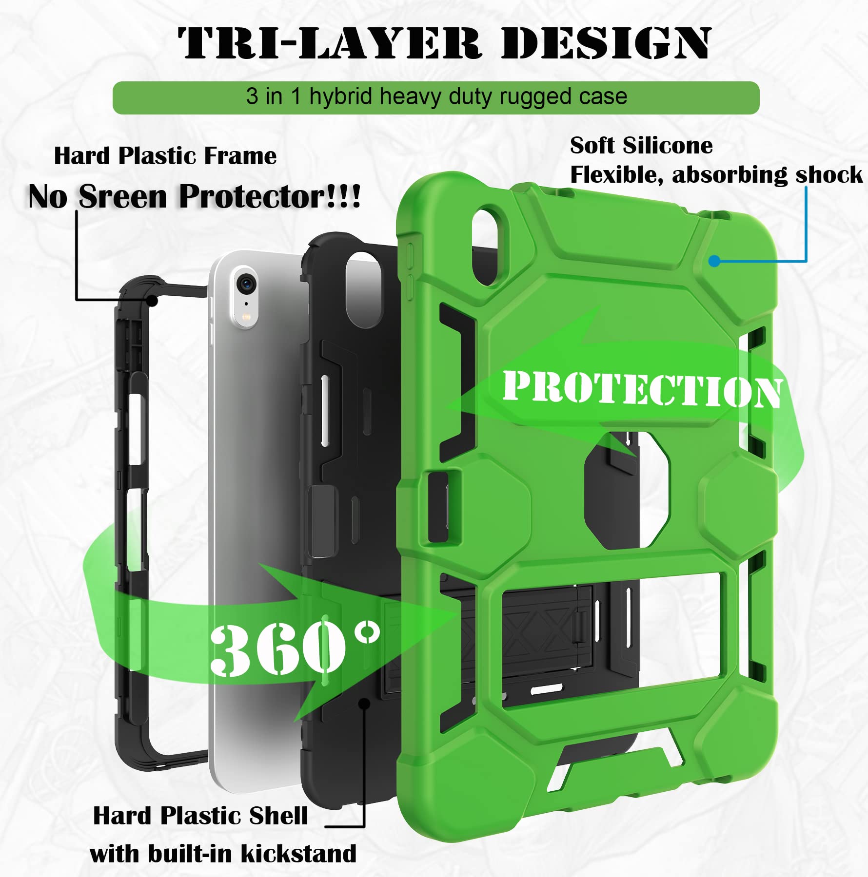 CCMAO Heavy Duty Shockproof Hybrid 3-Layer Protective Case for iPad 11th/10th Gen (2025/2022 Model A16) - Kickstand & Pencil Holder Included - Durable Green & Black Cover for Women & Girls - Perfect for Work, School & Travel