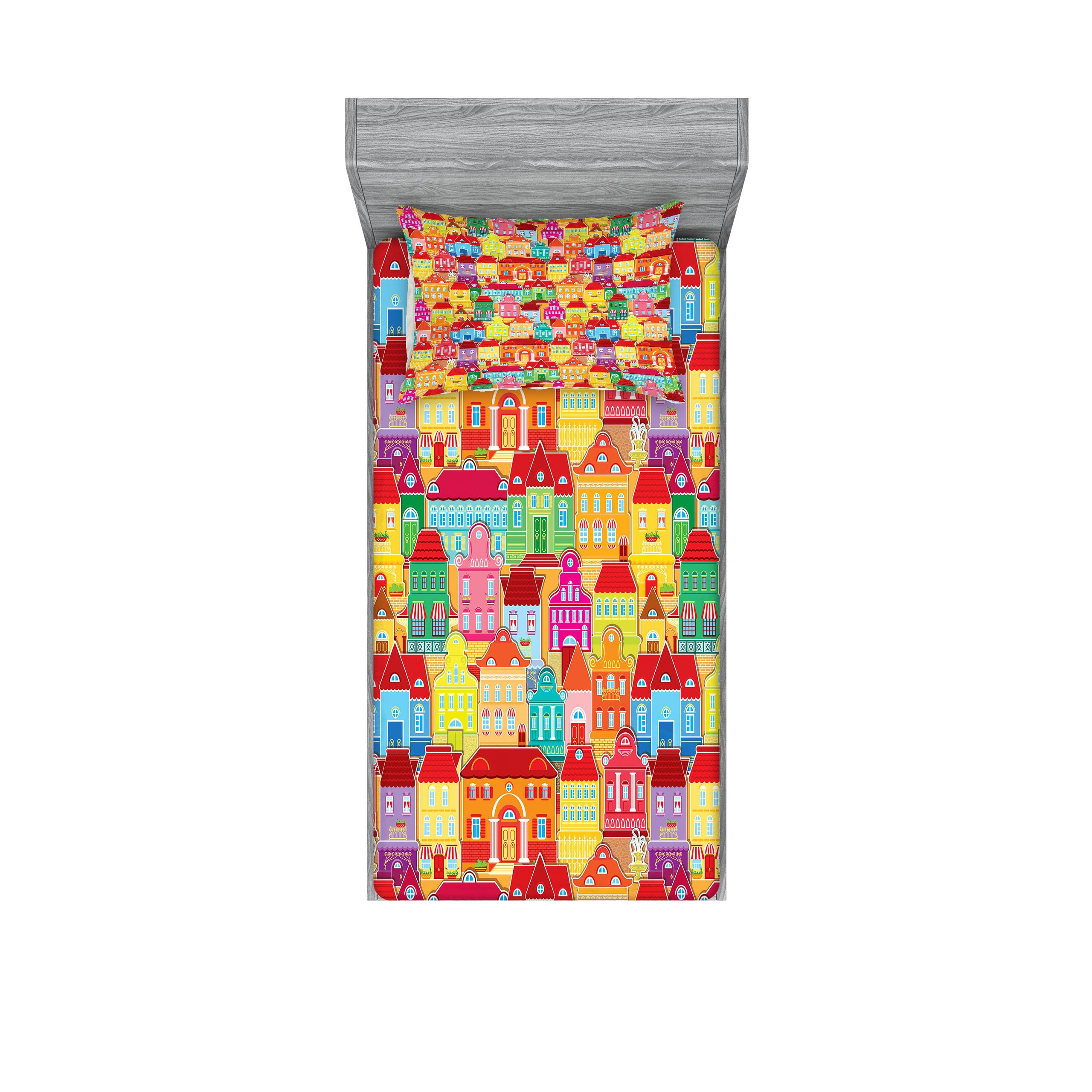 Ambesonne Cityscape Cartoons Fitted Sheet & Pillow Sham Set - European Architecture Art with Pillars & Fountains Urban View - 2-Piece Printed Bedding Decor for Twin XL - Multicolor - Perfect for Kids' Rooms, Dorm Decor & Modern Home Styling