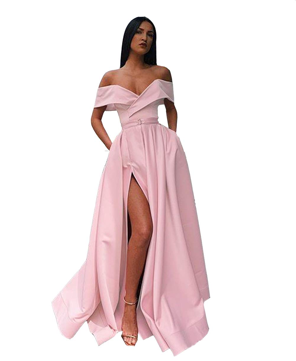 Emanni Women's Off Shoulder Long Side Slit Satin Prom Dress - A-Line Evening Gown for Formal Party, Homecoming, Wedding Guest - Pink
