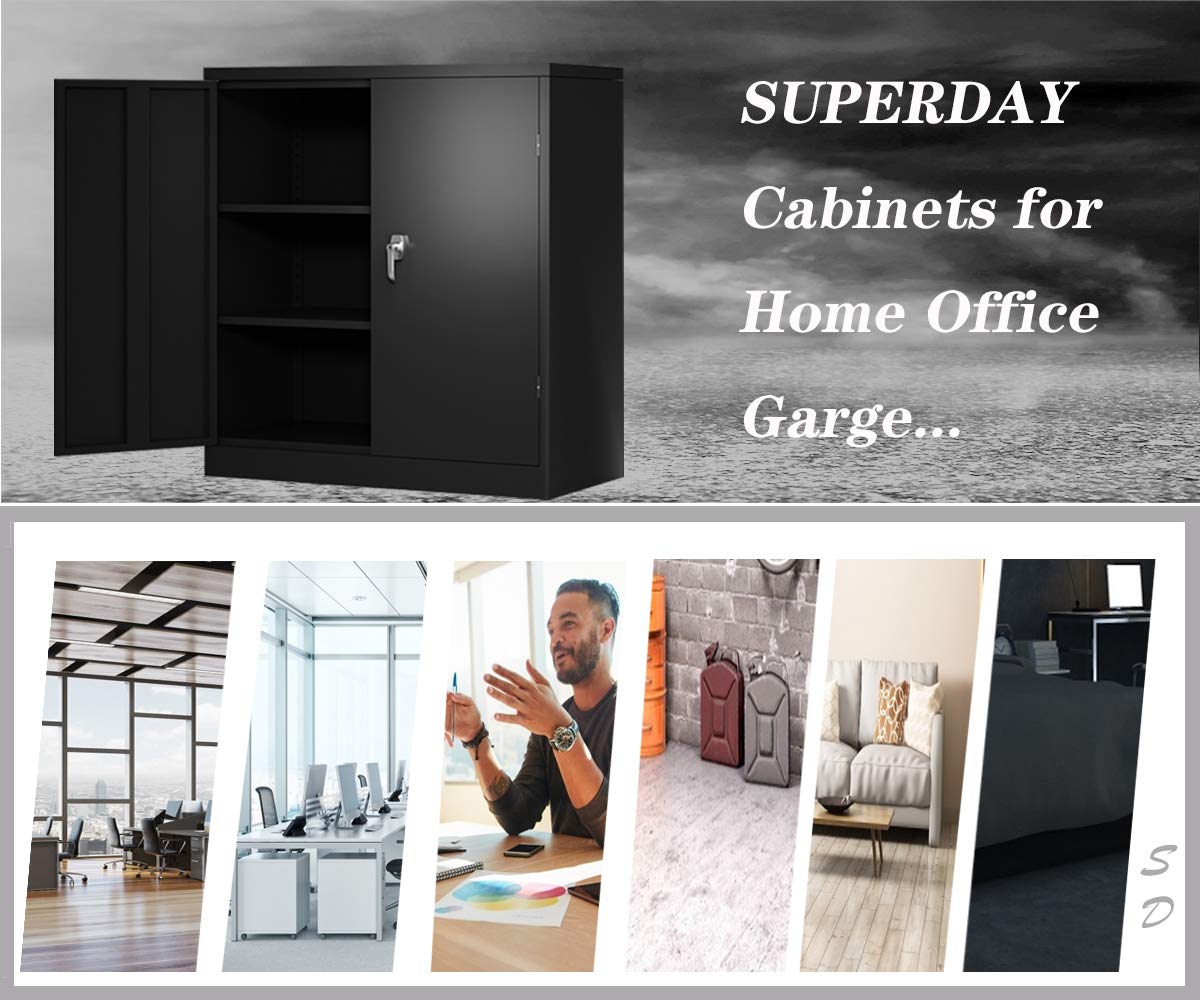 Superday Black Metal Storage Cabinet - Lockable Steel Cabinet with Doors & 2 Adjustable Shelves, Heavy Duty Office & Home Storage Solution for Garage, Workshop, and Utility Rooms