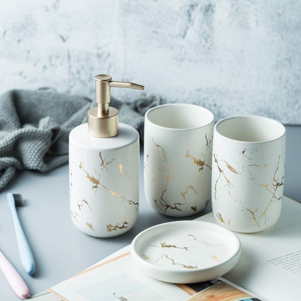 Vintage Ceramic Bathroom Accessory Set - 4 Piece Gold Marble White Soap Dispenser, 2 Tumblers & Soap Dish | Elegant Vanity Decor for Home, Hotel & Toilet | Perfect for Modern Bathrooms & Guest Suites