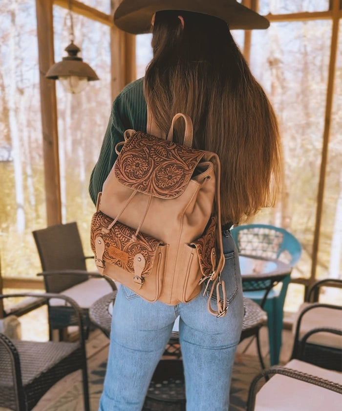 Wrangler Floral Tooled Concealed Carry Backpack for Women & Men - Tactical EDC Hiking Daypack with Hidden Gun Pocket - Perfect for Outdoor Adventures, Travel & Everyday Use