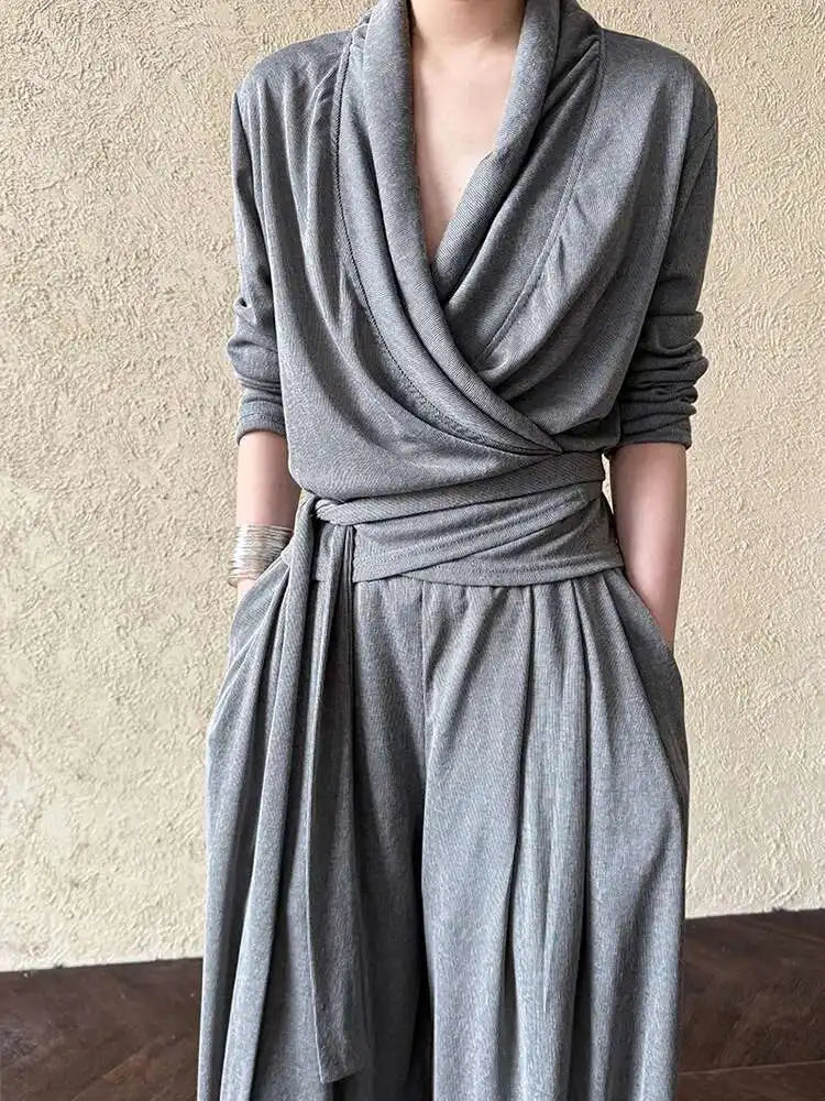Elegant Women's Bandage T-Shirt & Wide Leg Pants Two-Piece Suit - V-Neck Long Sleeve Fashion Set for Spring/Autumn 2025 | Office Wear, Casual Outfits & Special Occasions