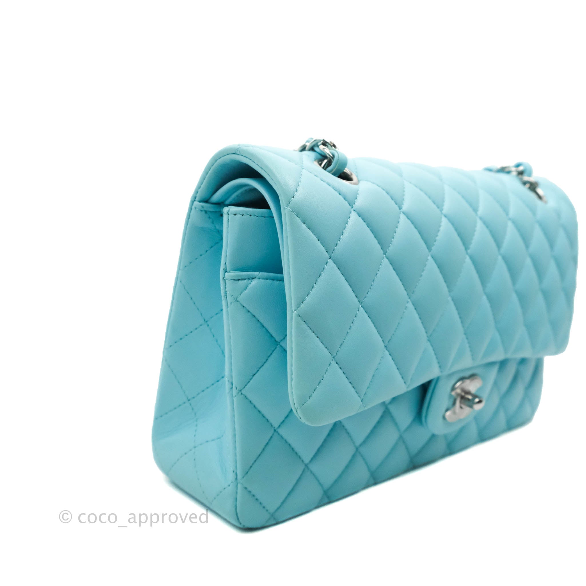 Chanel Classic Medium Double Flap Bag in Tiffany Neon Blue Lambskin with Silver Hardware 21S Collection - Perfect for Evening Events & Luxury Fashion Accessories