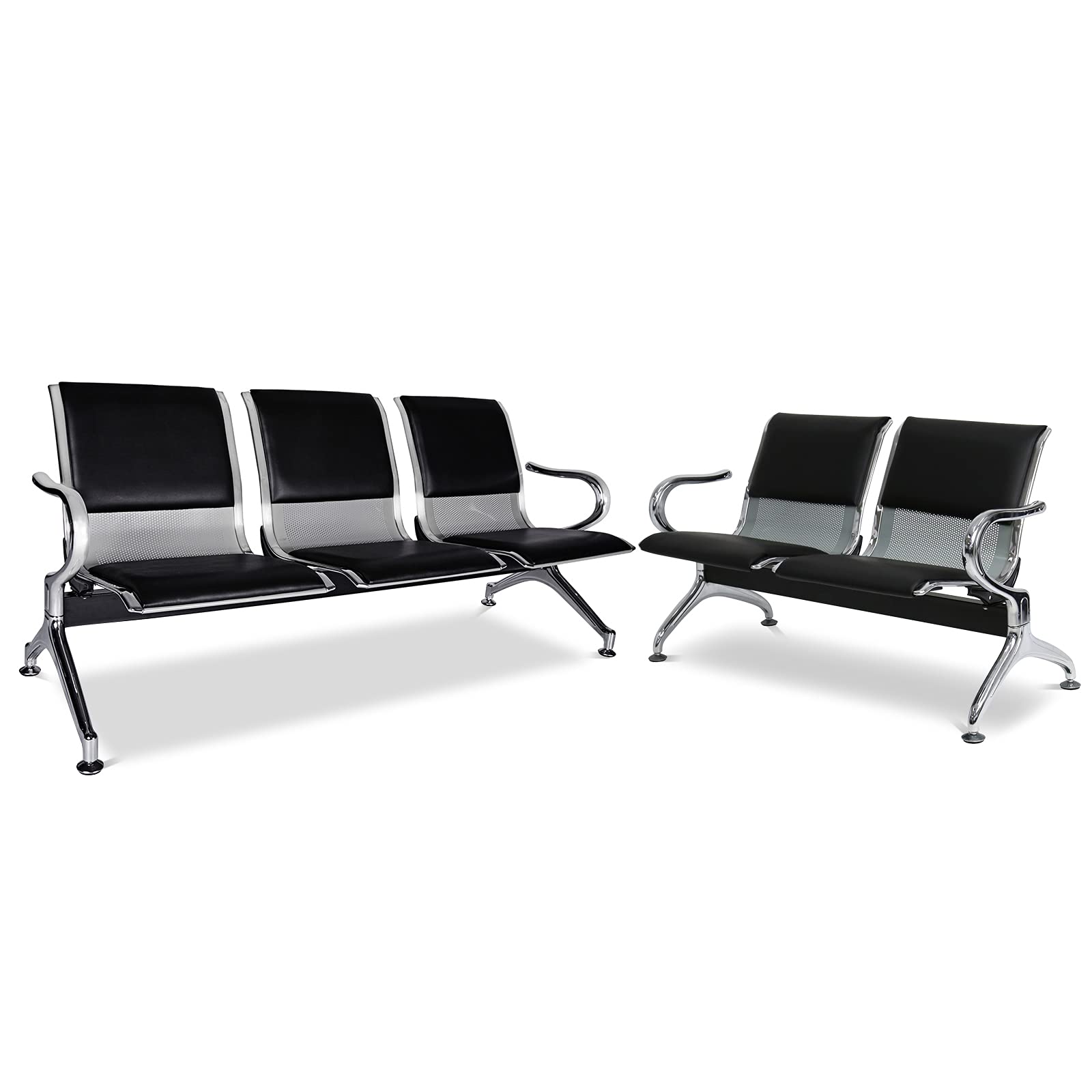 Premium Black Leather Cushion Guest Reception Chairs - 5-Seat Bench for Airport Waiting Rooms, Office Lobbies, Conference Halls, Banks & Salons - Durable Commercial Furniture for High-Traffic Public Spaces