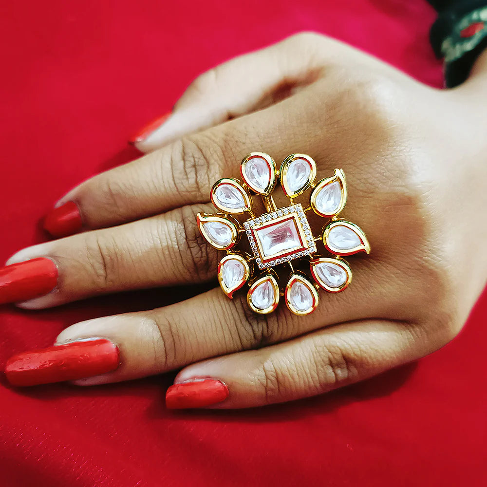 Exquisite Designer Gold Plated Kundan Ring - Elegant Indian Jewelry for Women | Perfect for Weddings, Parties & Special Occasions