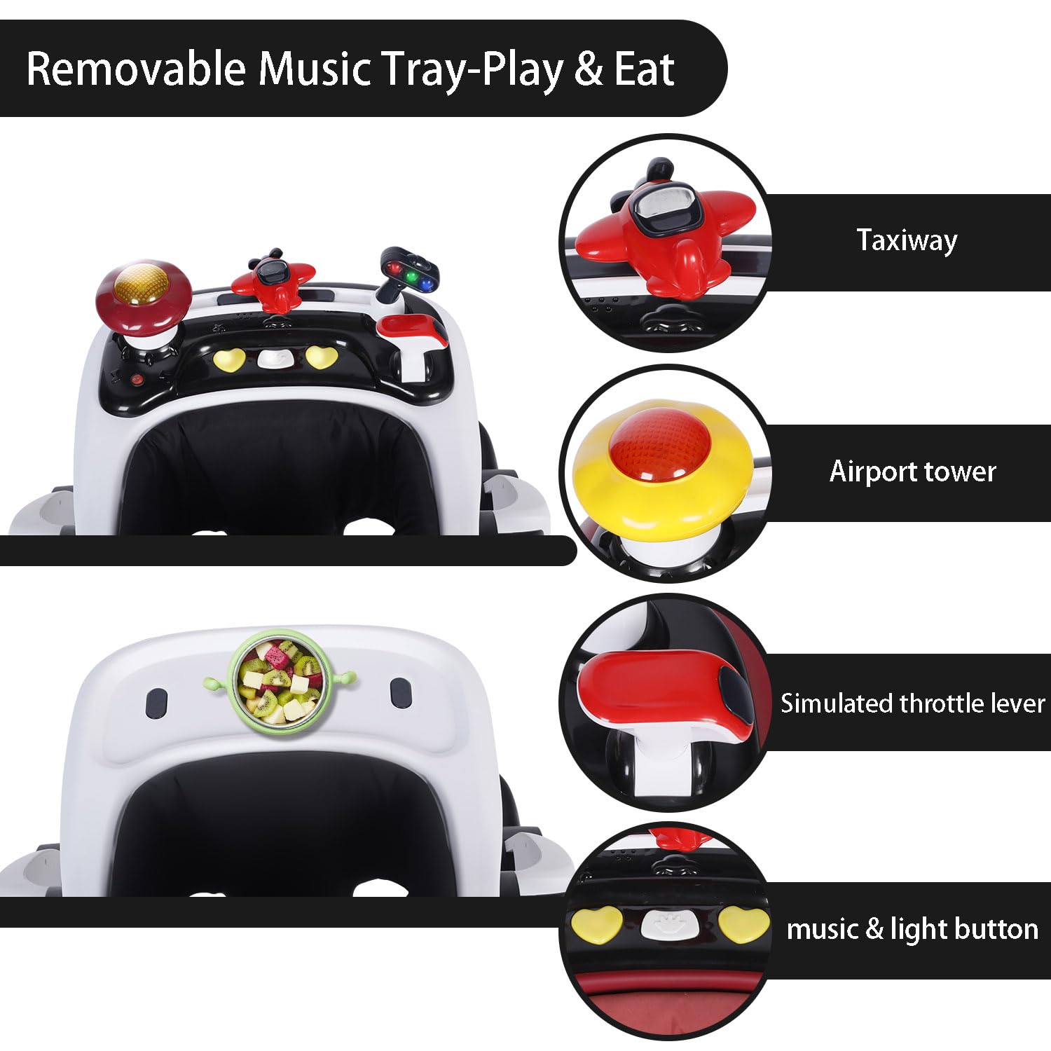 Kinder King 5-in-1 Baby Walker with Music & Lights - Adjustable Height & Seat, Learning-Seated & Walk-Behind Toddler Activity Walker with Safety Bumper & Anti-Rollover Design (Black) - Perfect for Early Learning, Playtime & First Steps