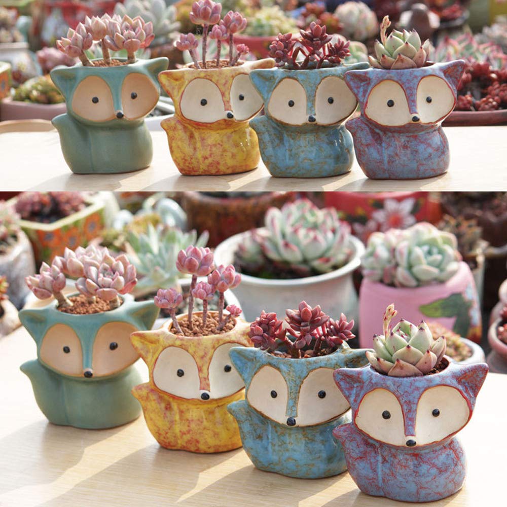 4 Pack Fox Shaped Ceramic Succulent Pots with Drainage Holes - Cute Cactus & Flower Planters for Home, Office Desk Decor | Perfect for Indoor Plants, Succulents, Small Herbs & Gift Ideas