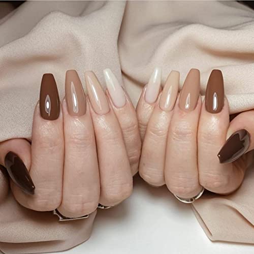 KLOSS BEAUTY Custom COCO BEIGE Gel Press-On Nails - Set of 10 Hand-Painted UV Gel Fake Nails, Long Coffin Shape (Size L) | Salon-Quality DIY Manicure at Home for Parties, Weddings & Special Occasions