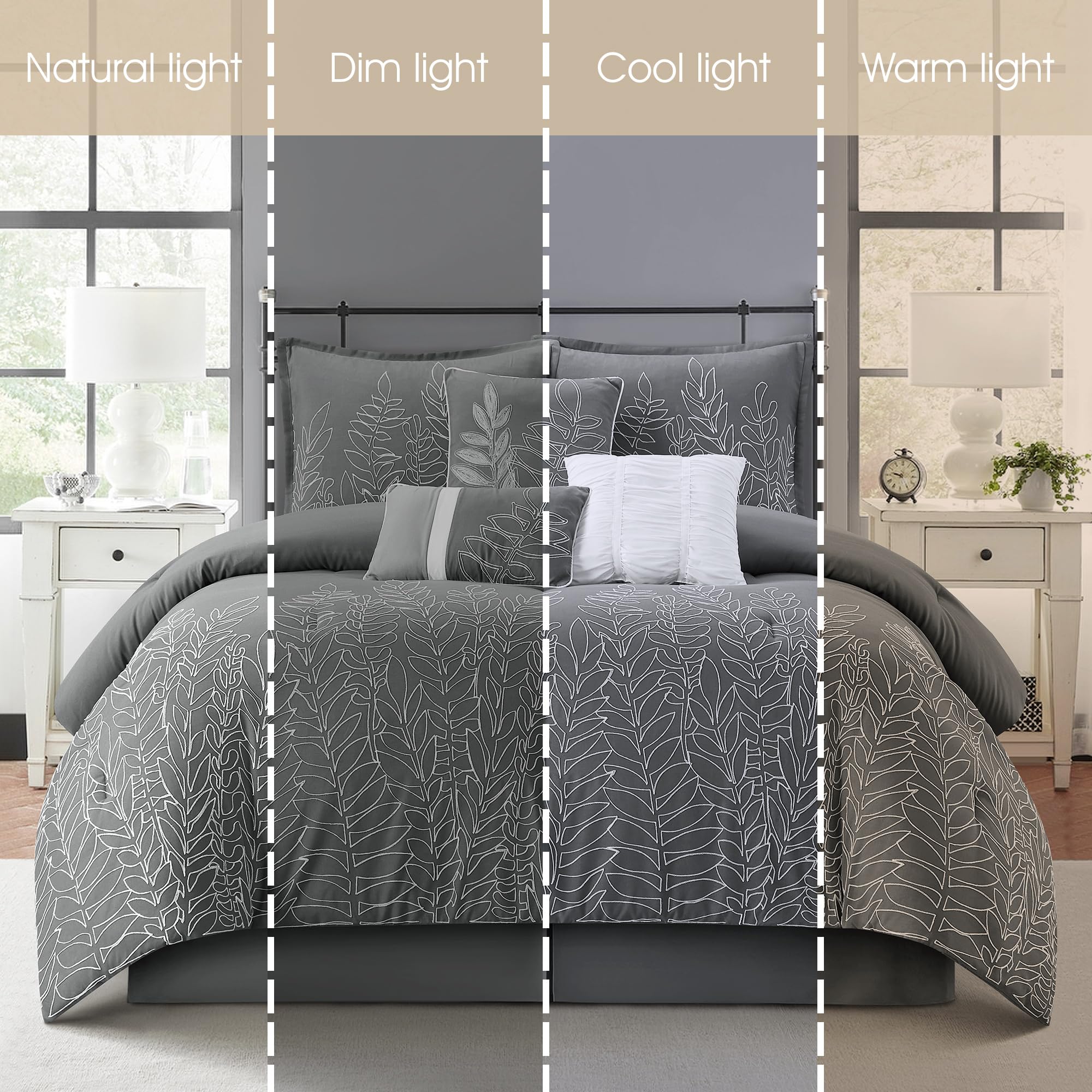 Grand Avenue Grey Leaves King Size Comforter Set - 7 Piece Bedding Set with Pillow Shams, Bed Skirt & Decorative Pillows | All Season Luxury Home Decor for Master Bedroom