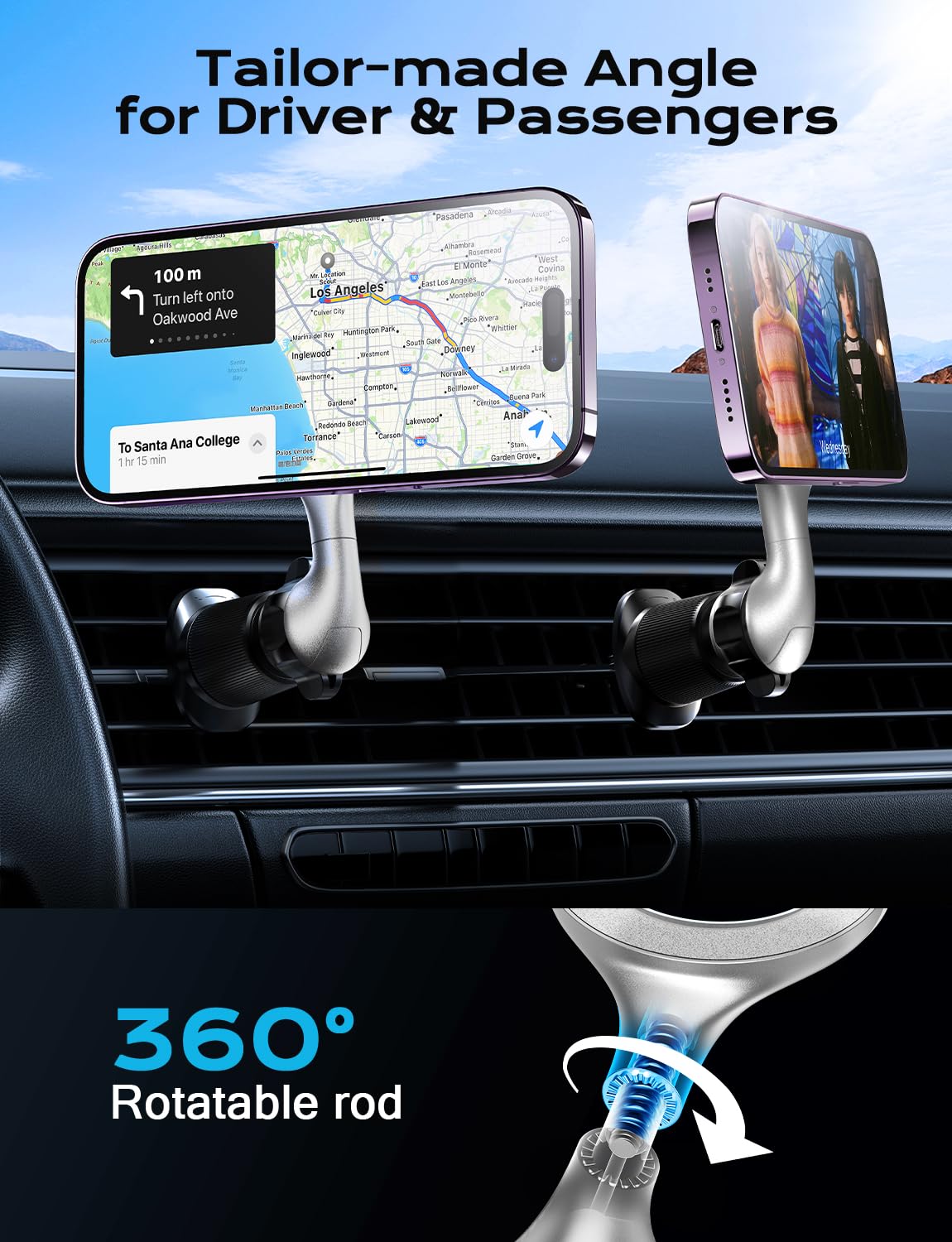 Strong 20-Magnet Car Phone Mount Holder - Ultra Flexible Magnetic Vent Mount for iPhone, Samsung, Google Pixel (Silver) | Secure & Hands-Free Driving, GPS Navigation, Streaming Music