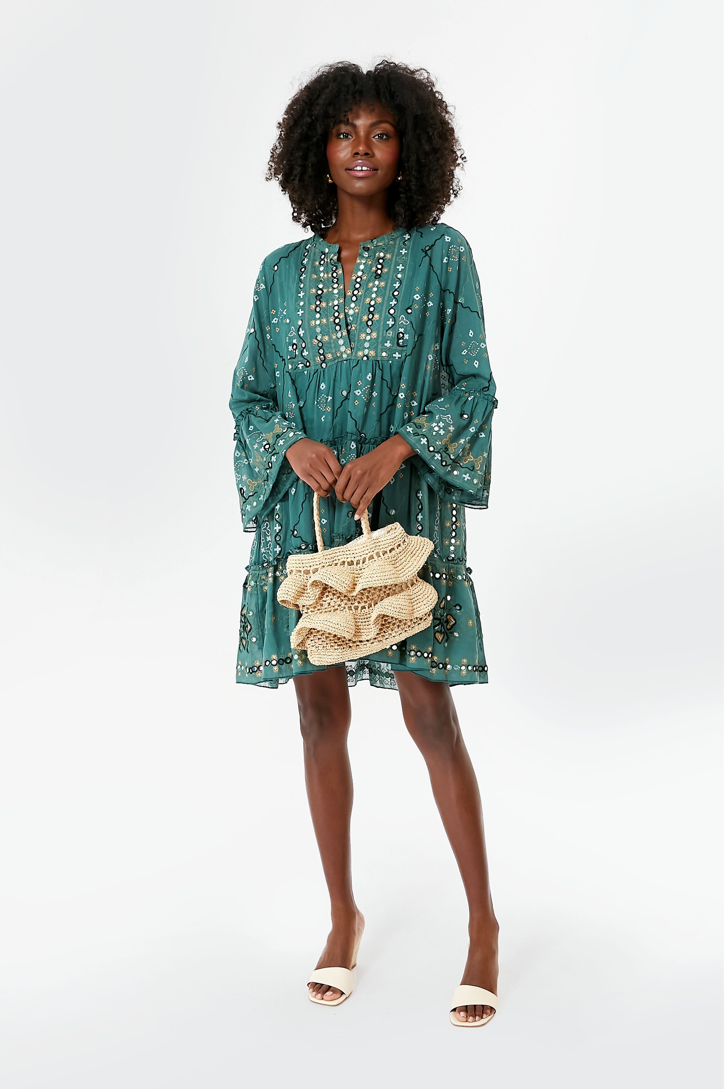 Elegant Green Mosaic Print Flared Sleeve Dress for Women | Vintage Inspired Party & Cocktail Dress | Perfect for Weddings, Date Nights and Special Occasions