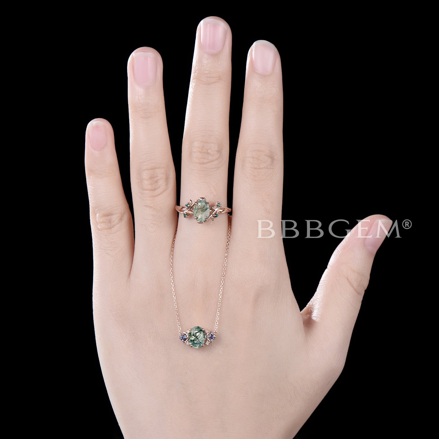 Natural Moss Agate Necklace and Ring Jewelry Set - Celestial Moon Oval Green Moss Agate Pendant with Leaf Aquatic Agate Ring - Nature Inspired Gemstone Jewelry for Women - Perfect for Boho, Wedding & Everyday Wear