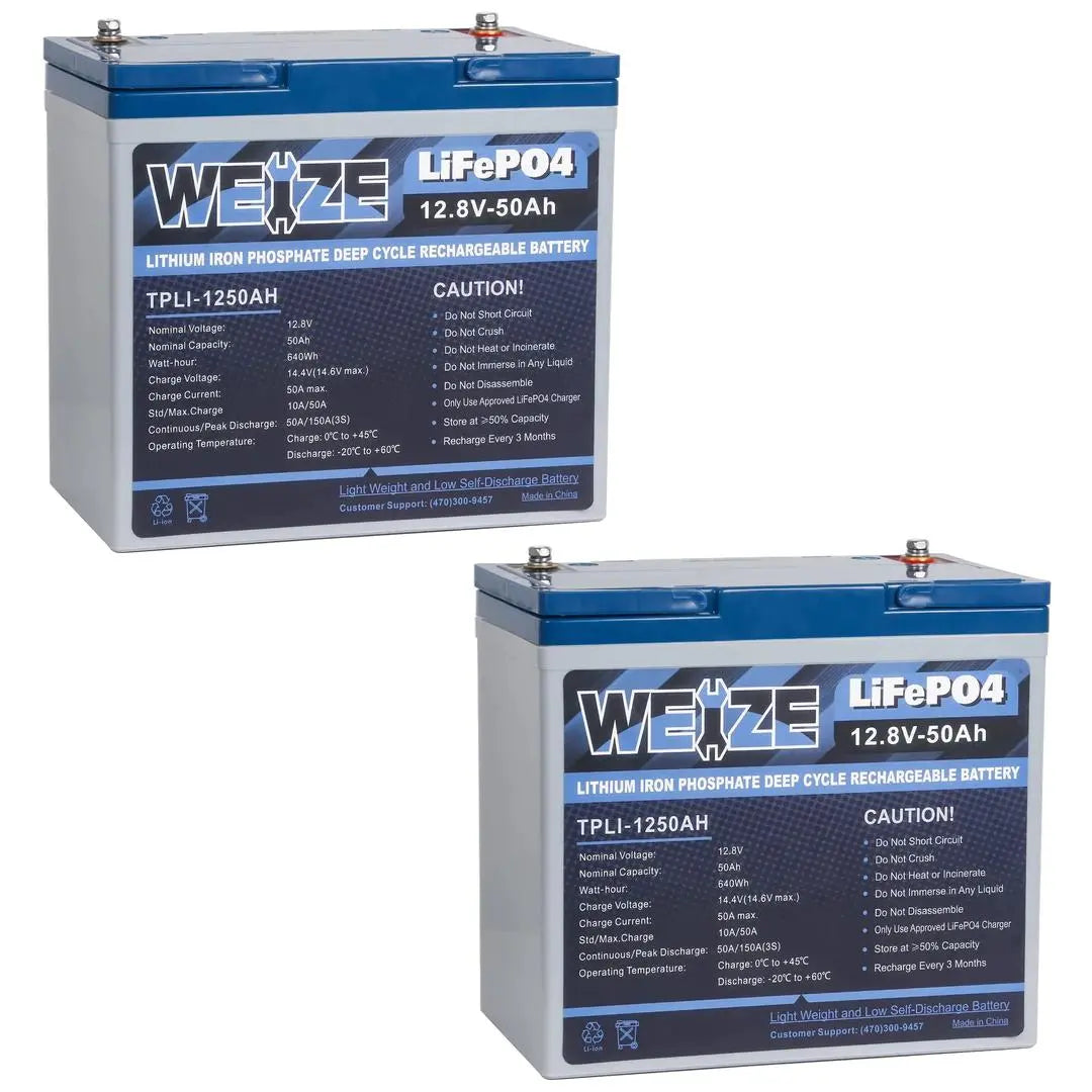 WEIZE 12V 50Ah 640Wh Lithium LiFePO4 Battery - Group 24 Deep Cycle Marine/RV Battery for Solar Power, Trolling Motor, Off-Grid & Backup Power Applications
