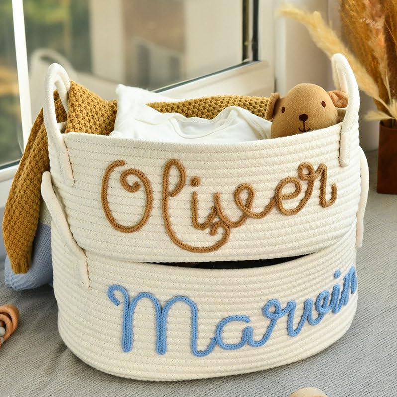 Personalized Baby Shower Gift Basket - Handmade Cotton Rope Storage Bin with Handles for Nursery Organization | Cute Woven Baby Essentials Organizer | Perfect for Newborn Gifts, Nursery Decor & Baby Shower Favors
