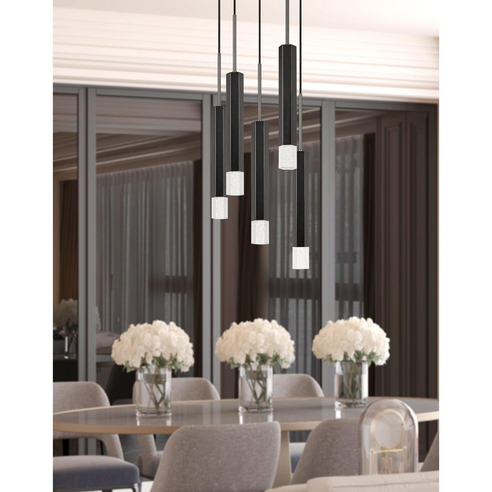Cal Lighting Troy 5-Light Dimmable LED Hexagon Pendant with Aluminum Casting & Glass Diffuser - Perfect for Kitchen Island, Dining Room, or Modern Living Room Lighting