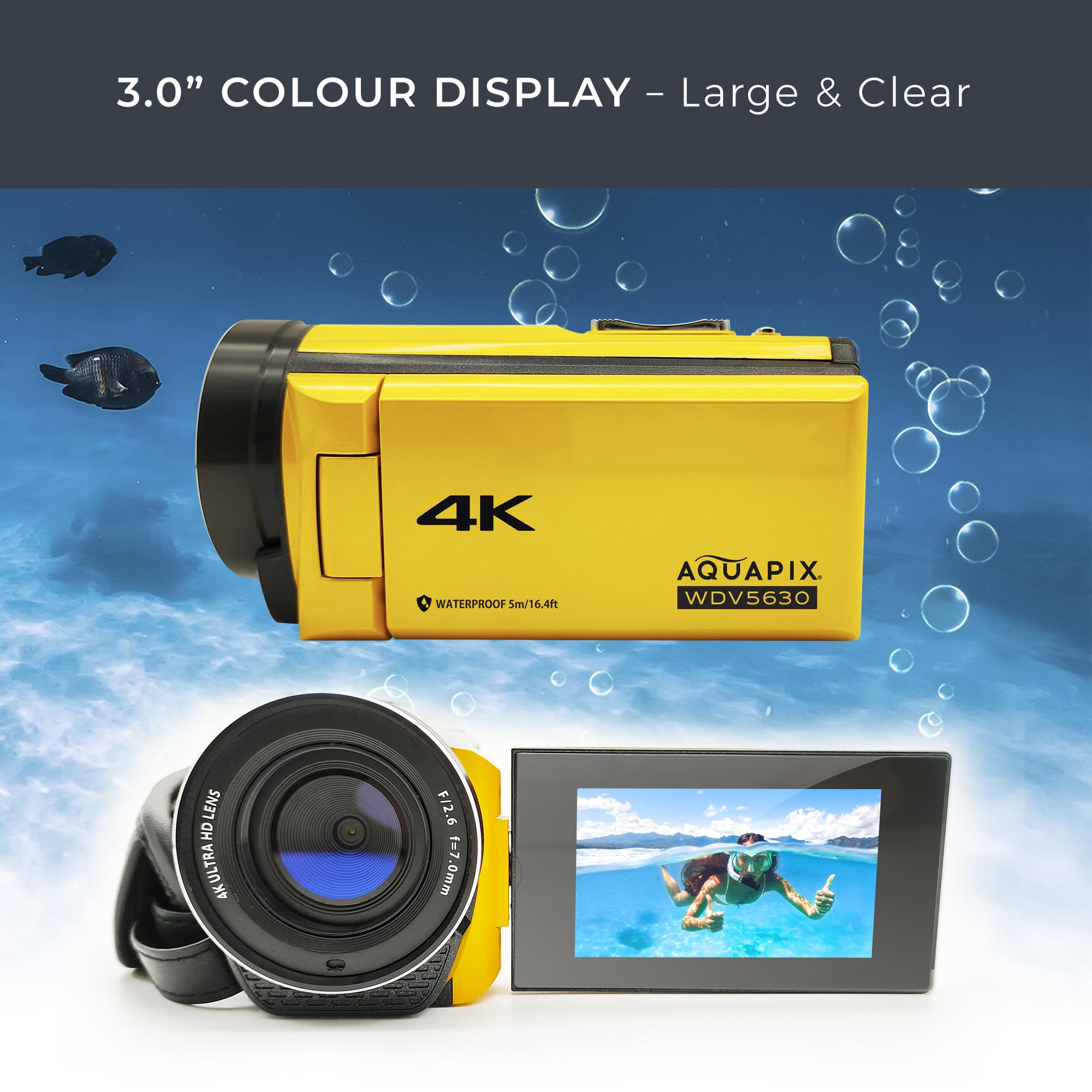 Easypix WDV5630 Yellow Waterproof Digital Camcorder - 4K UHD Video, 56MP Photos, 18x Zoom, 13MP Sensor, 5m Water Resistant - Perfect for Snorkeling, Beach Vacations & Underwater Adventures