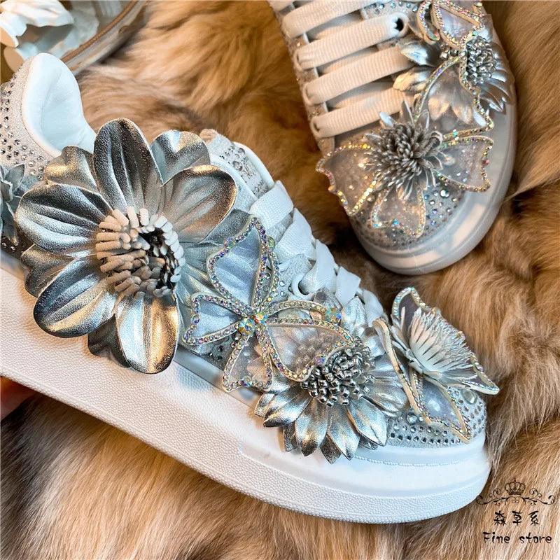 Women's Silver Butterfly Bow Crystal Sneakers - Stylish Platform Shoes with Diamond & Floral Accents | Comfortable Fashion Footwear for Parties, Weddings & Everyday Wear