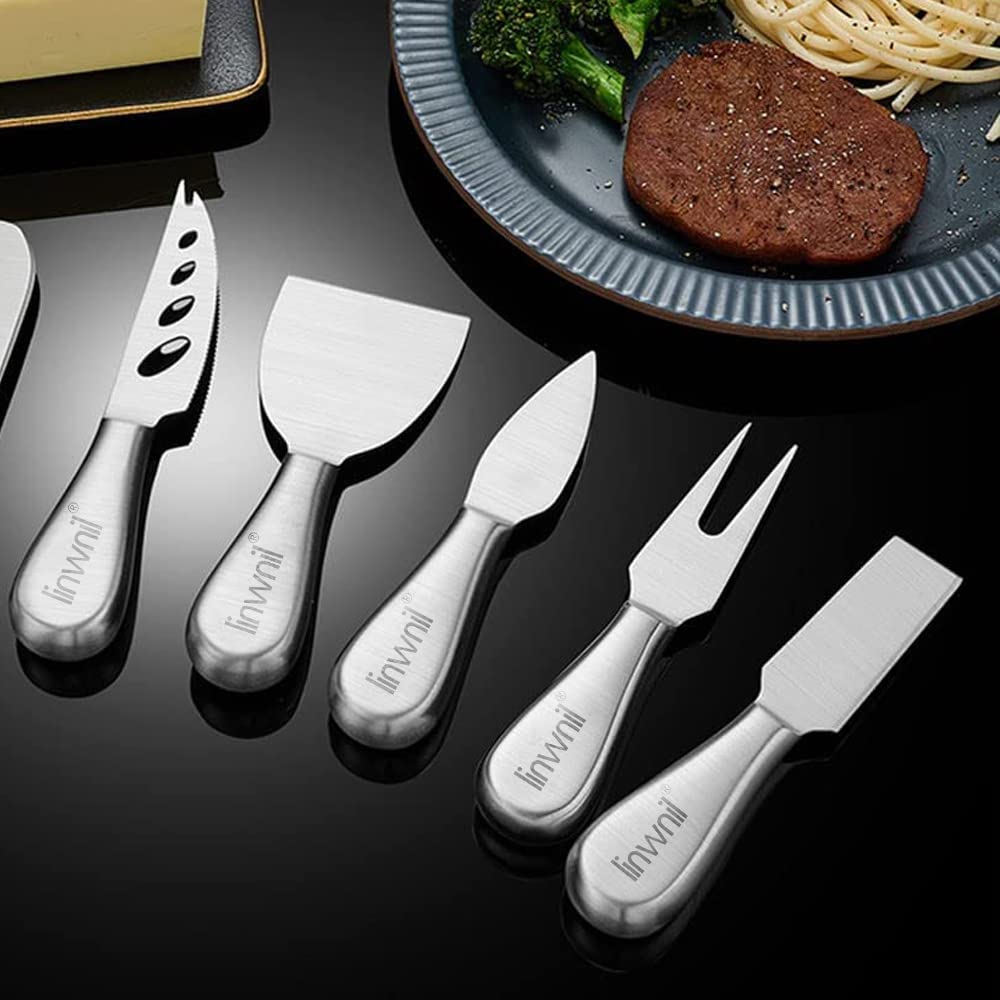 Premium 5-Piece Cheese Knife Set with Gift Box - Stainless Steel Cheese Butter Spreader & Slicer Knives, Includes 5 Coffee Spoons & 5 Fruit Forks - Perfect for Wine Parties, Charcuterie Boards & Gourmet Cheese Tasting