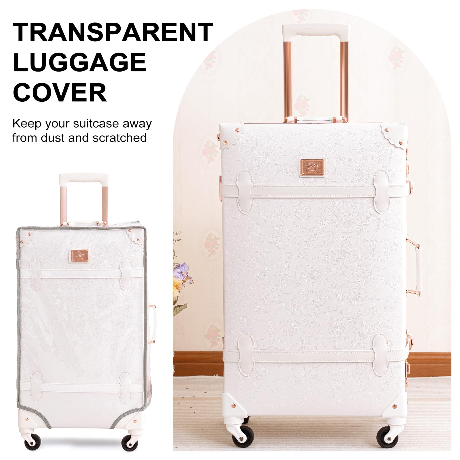 Vintage Suitcase Set for Women - 2 Piece Retro Luggage with White Rose Embossed Design, TSA Approved Zipperless Trunk Luggage (26