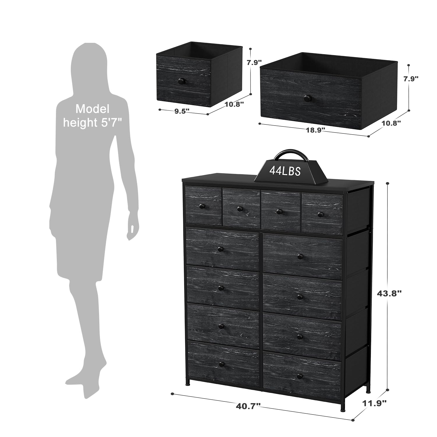 EnHomee 12-Drawer Black Dresser for Bedroom - Fabric Storage Chest of Drawers, 11.9