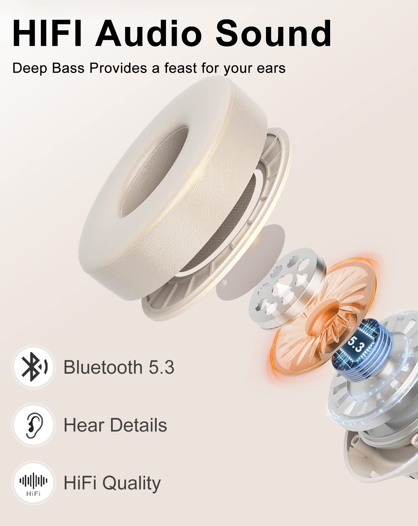 Premium Wireless Bluetooth Over-Ear Headphones - 40H Playtime, Built-in Mic, HiFi Stereo Sound, Foldable & Lightweight for Travel, Work, Gym & Commuting (Beige) - Noise Cancelling Headphones for Office, Study & Relaxation