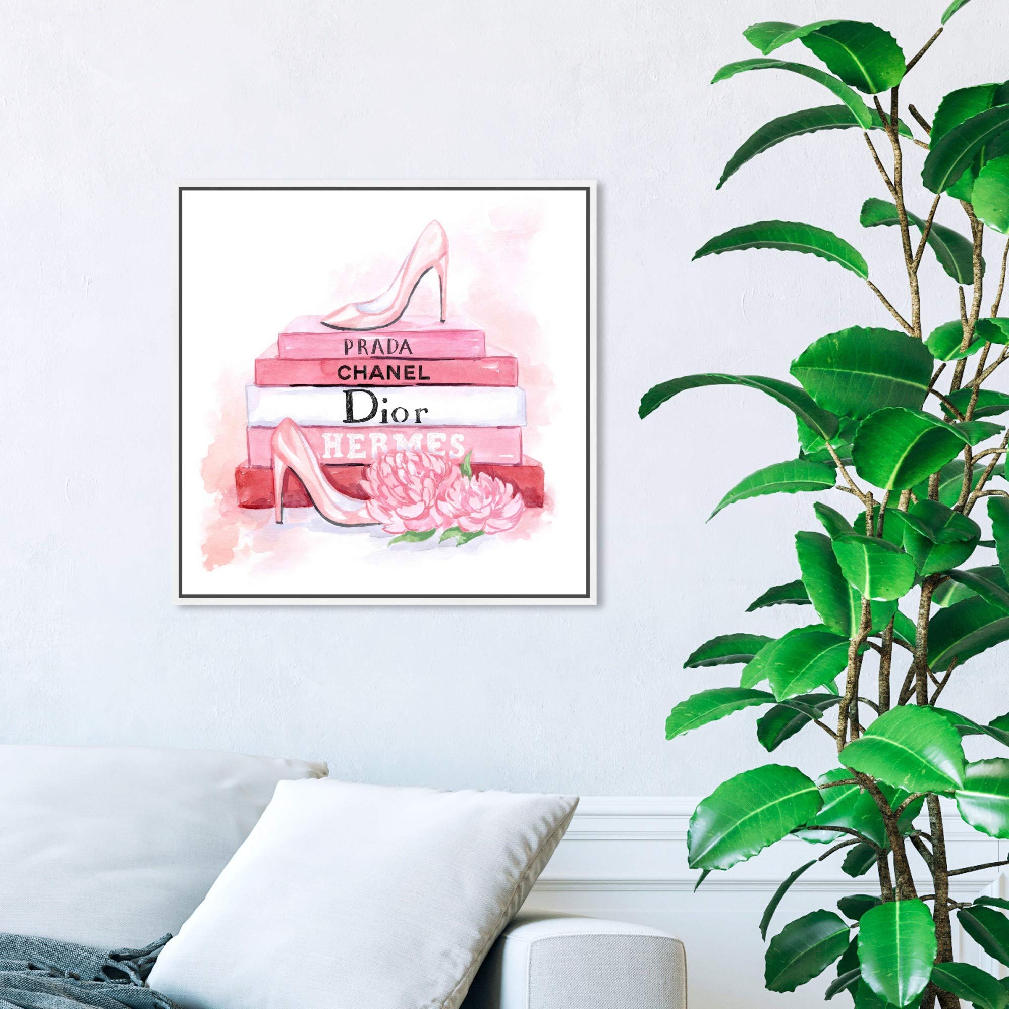 Fashion Pink Books Framed Wall Art Canvas Print by Oliver Gal Artist Co. - Glamorous Home & Office Decor for Living Room, Bedroom, or Study