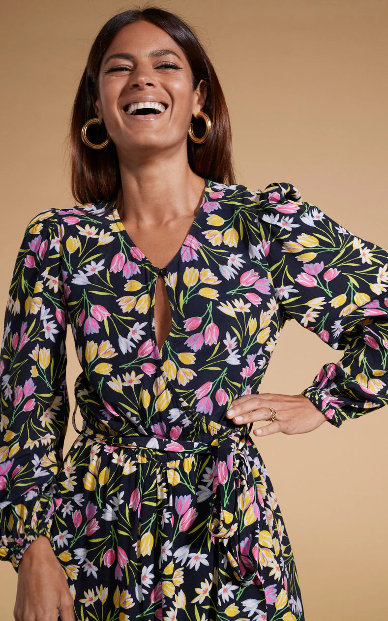 Stylish Mabel Midaxi Mock Wrap Dress in Citrus Tulip Print - Perfect for Summer Parties, Weddings & Casual Outings