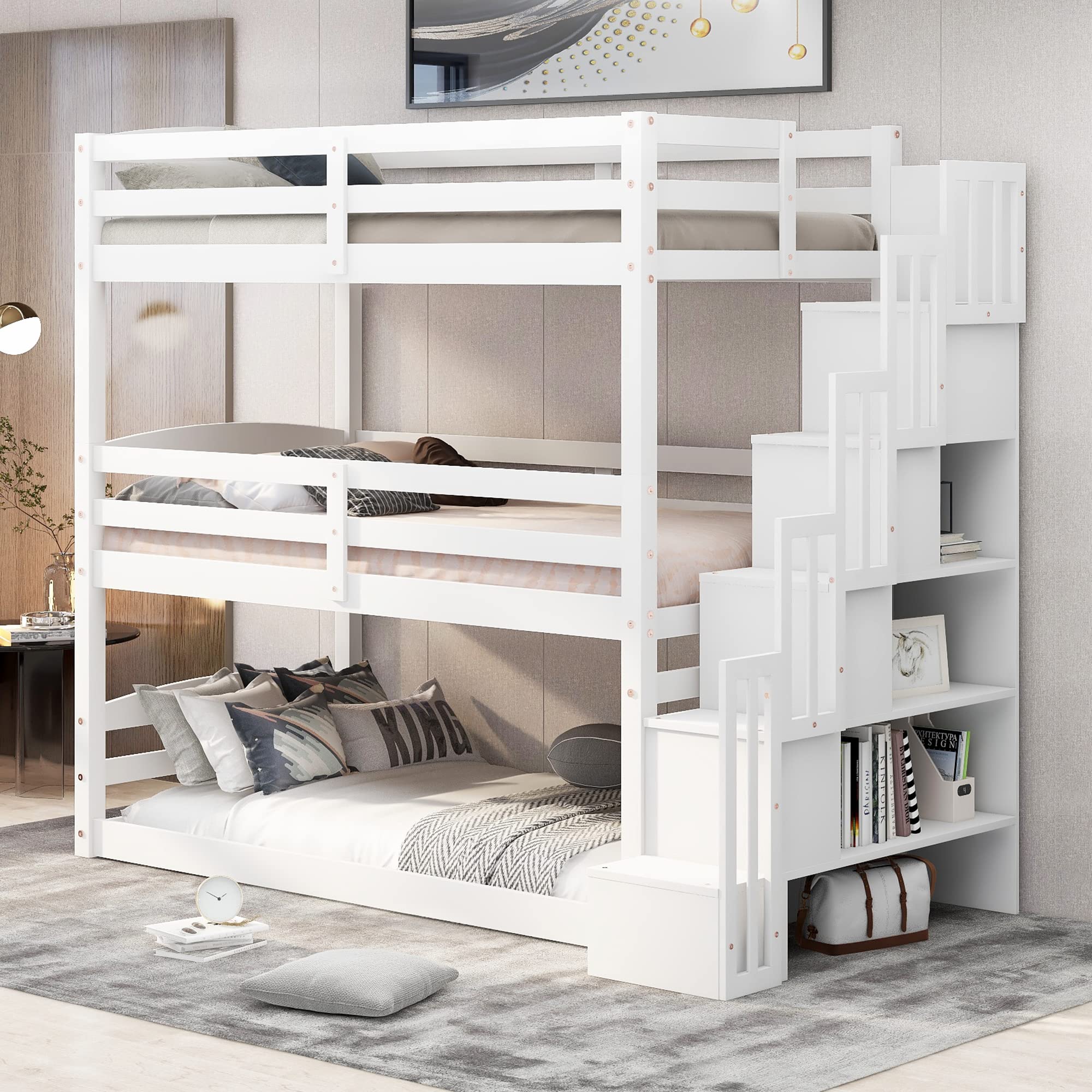 P PURLOVE Twin Over Twin Over Twin Triple Bunk Bed Frame with Storage Staircase - Convertible to Separate Bunk Beds & Platform Bed - Safety Guardrail Included - Space-Saving Kids Bedroom Furniture for Boys & Girls (White) - Perfect for Shared Rooms, Sleepovers & Small Spaces