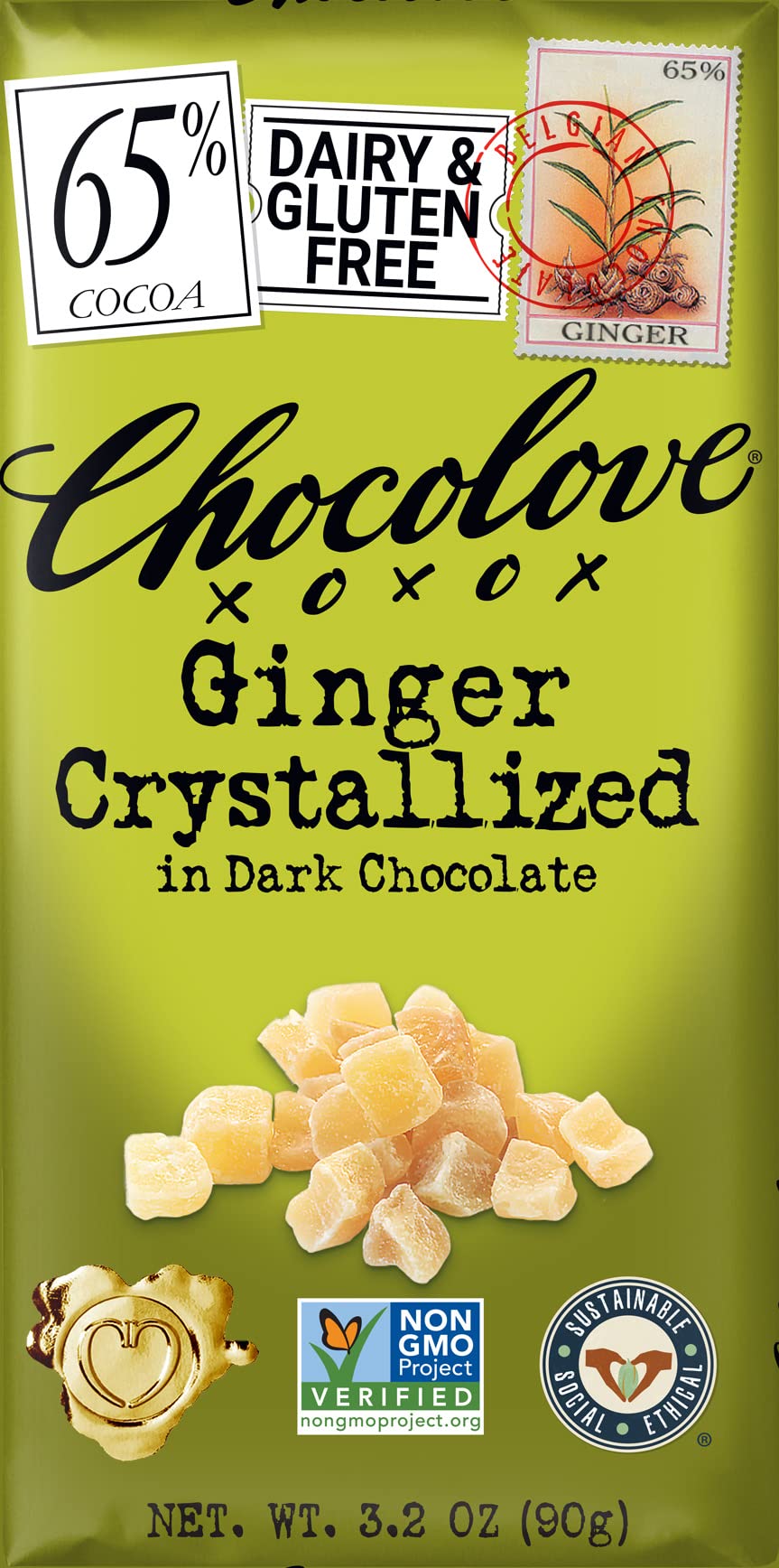 Chocolove Dark Chocolate Bar with Crystallized Ginger - 3.2oz (Pack of 12) | Gourmet Chocolate Gift for Holidays, Parties & Dessert Pairing