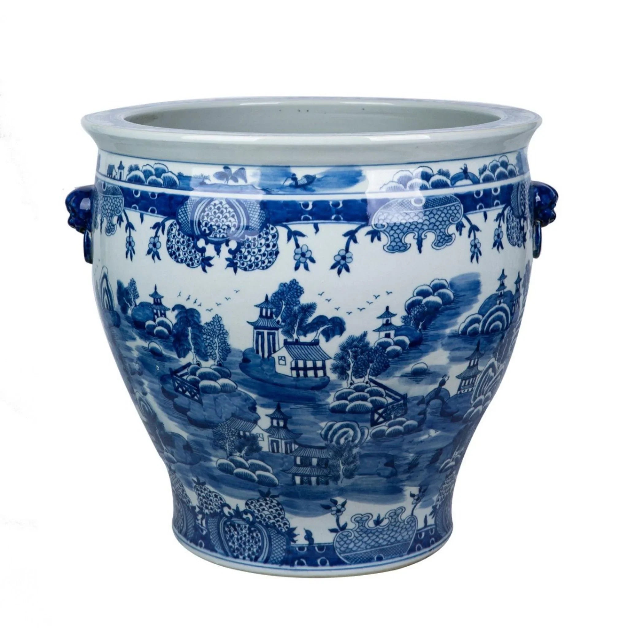 Blue and White Mountain Pagoda Porcelain Planter with Lion Handle - Elegant Flower Pot for Home Decor, Office Desk, Garden & Patio - Perfect for Succulents, Herbs & Small Plants