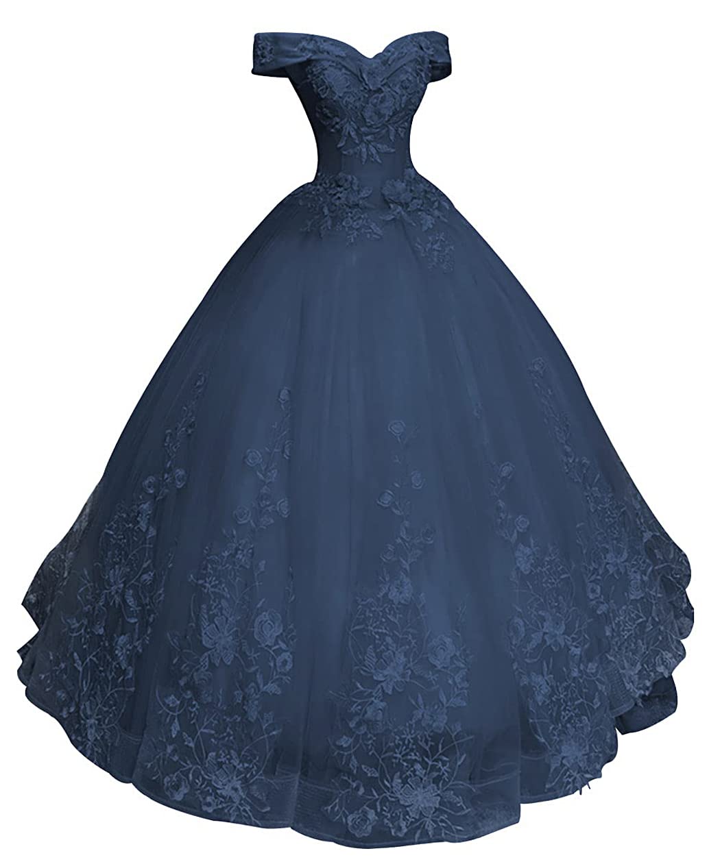 Amdieu Women's Off Shoulder Lace Applique Prom Dress - Long Tulle Ball Gown Evening Dress for Princess US Size 10 Navy Blue | Perfect for Homecoming, Prom, Wedding, and Formal Events