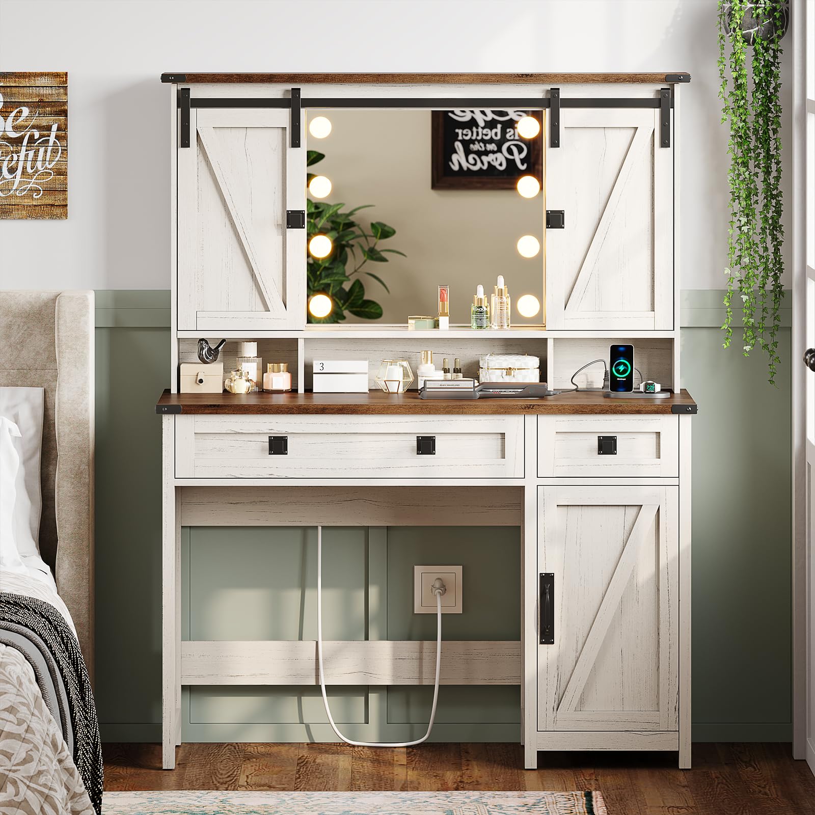 AOGLLATI Farmhouse White Makeup Vanity with LED Lights & Barn Doors - Vanity Desk with Mirror, Charging Station, Jewelry Hooks & Open Storage Shelves - Perfect for Bedroom, Dressing Room & Home Beauty Station