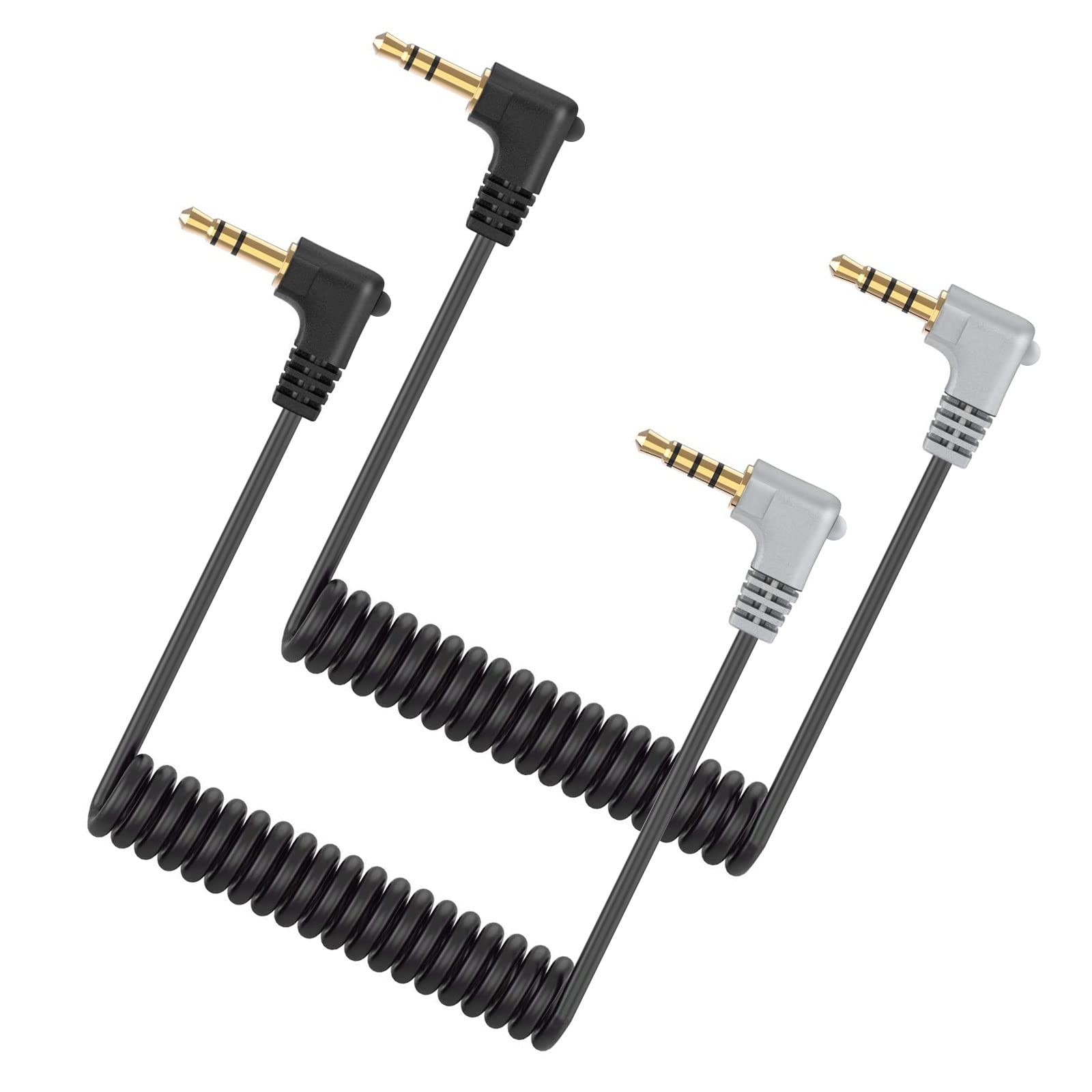 2 Pack 3.5mm Male to Male Coiled Right Angle Audio Cable - Microphone Cord & Audio Adapter Splitter for Smartphones, Tablets, External Devices - Perfect for Podcasting, Gaming & Music Recording