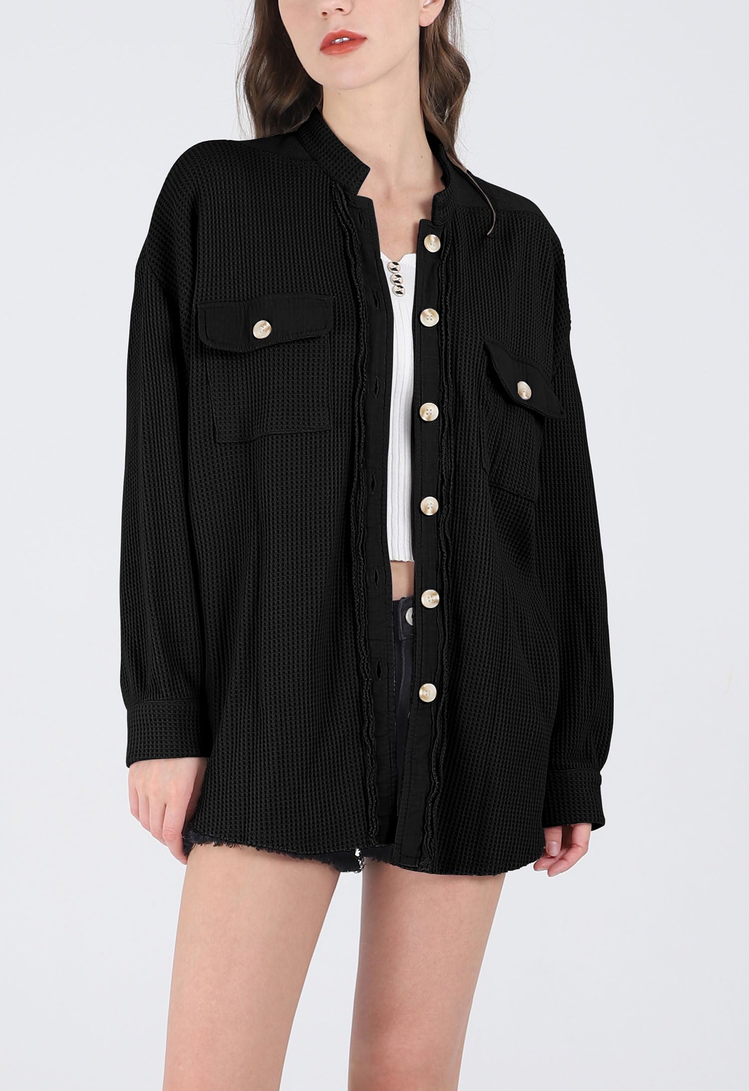 Women's Loose Fit Batwing Sleeve Waffle Knit Button Down Shirt Shacket - Casual Long Sleeve Tops for Fall & Winter - Perfect for Office, Date Night and Weekend Outings