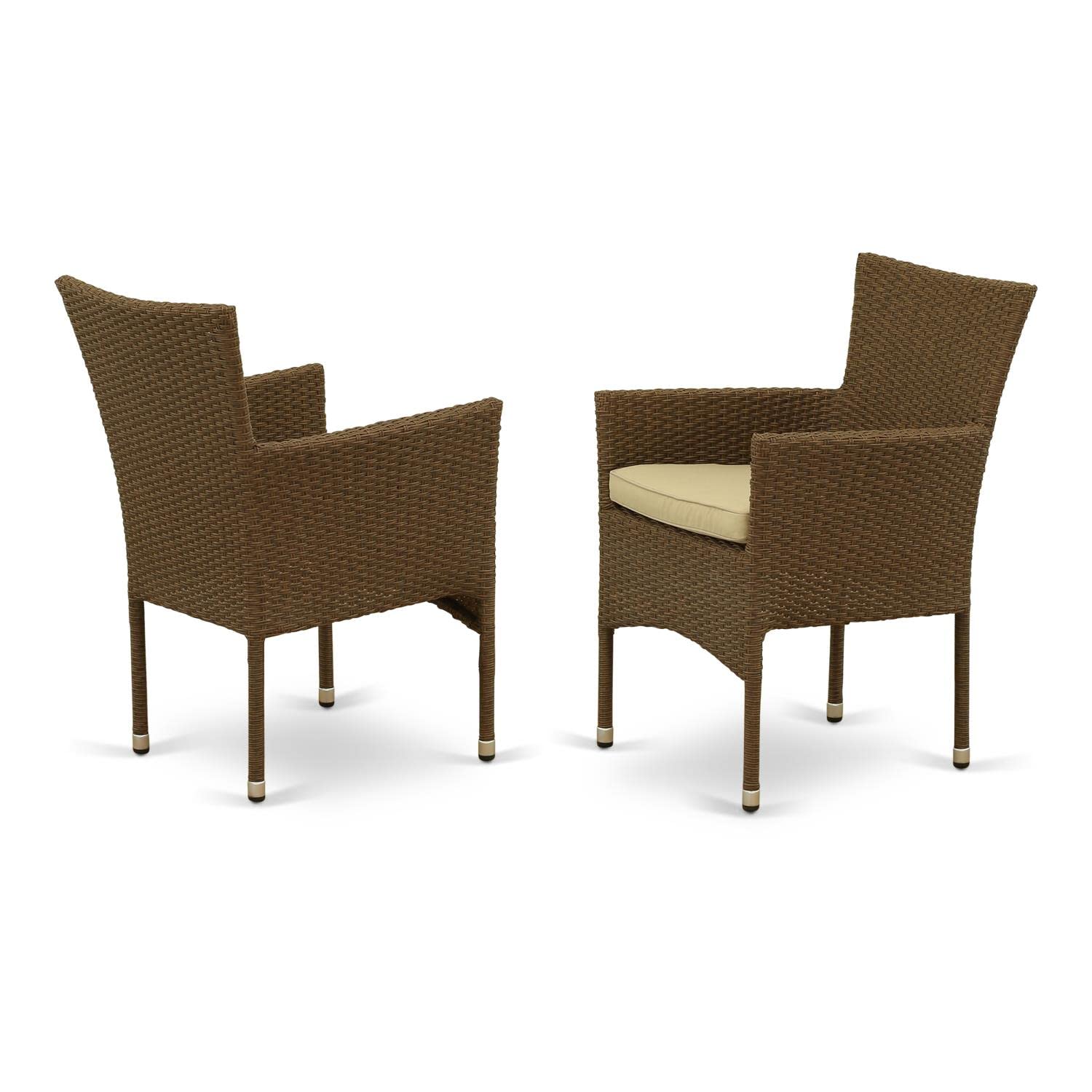 East West Furniture BKLC102A Outdoor Patio Wicker Arm Chairs with Cushion, Set of 2, Brown - Perfect for Garden, Poolside, or Backyard Relaxation