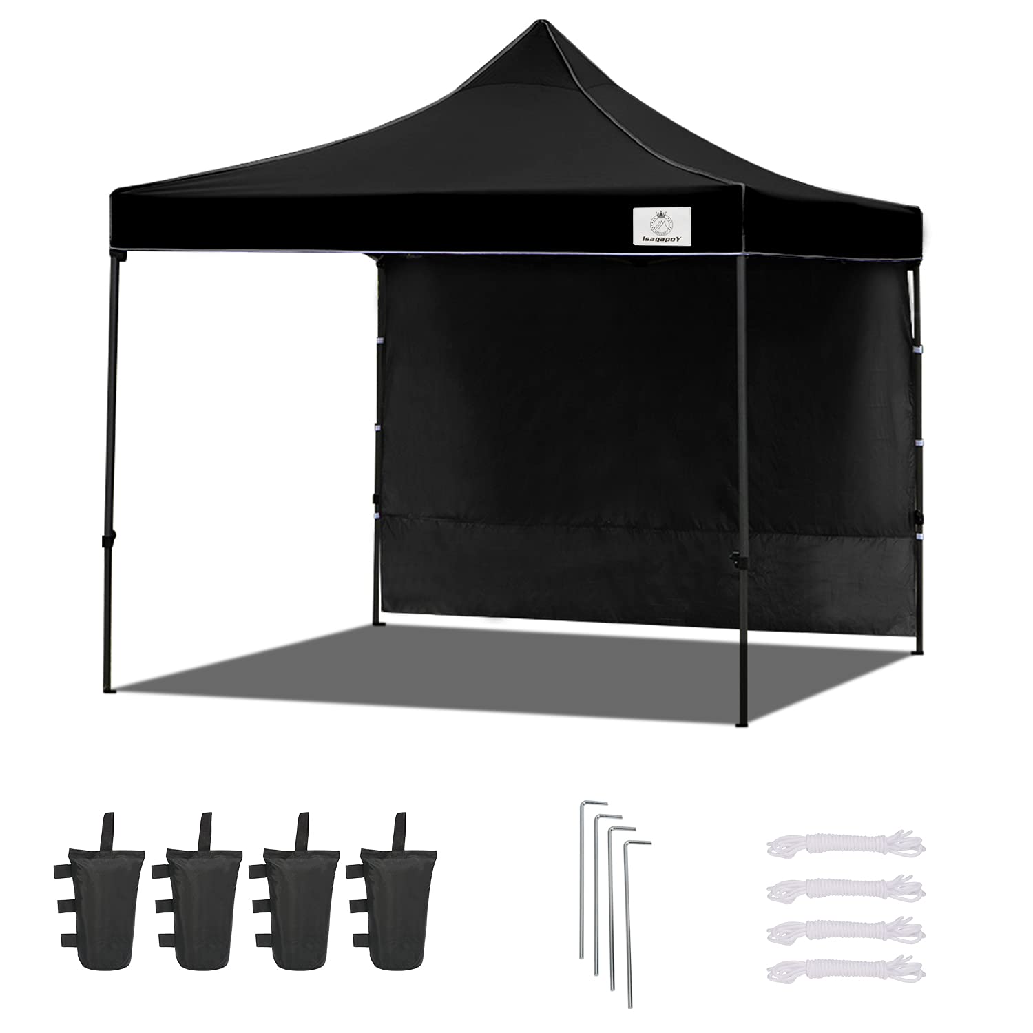 10x10 Pop Up Canopy Tent - Heavy Duty Commercial Instant Shade Tent with Roller Bag, 4 Sand Bags & 4 Tent Stakes - Bonus Sidewall Included (Black) - Perfect for Outdoor Events, Farmers Markets, Beach Parties & Camping