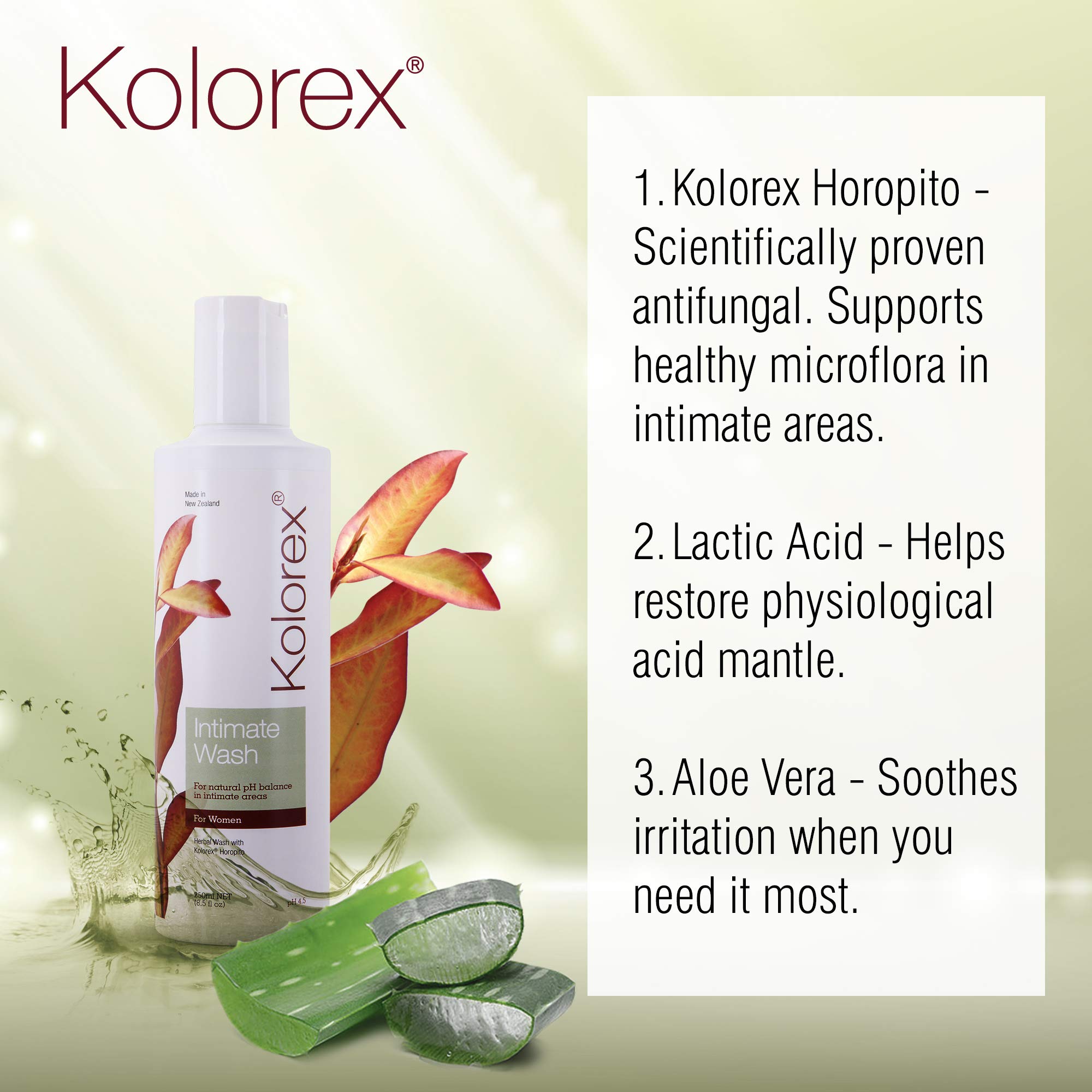Kolorex Intimate Wash - pH-Balanced Daily Feminine Hygiene with New Zealand Horopito Herbs (250ml) | Gentle Cleansing for Women's Intimate Care & Freshness