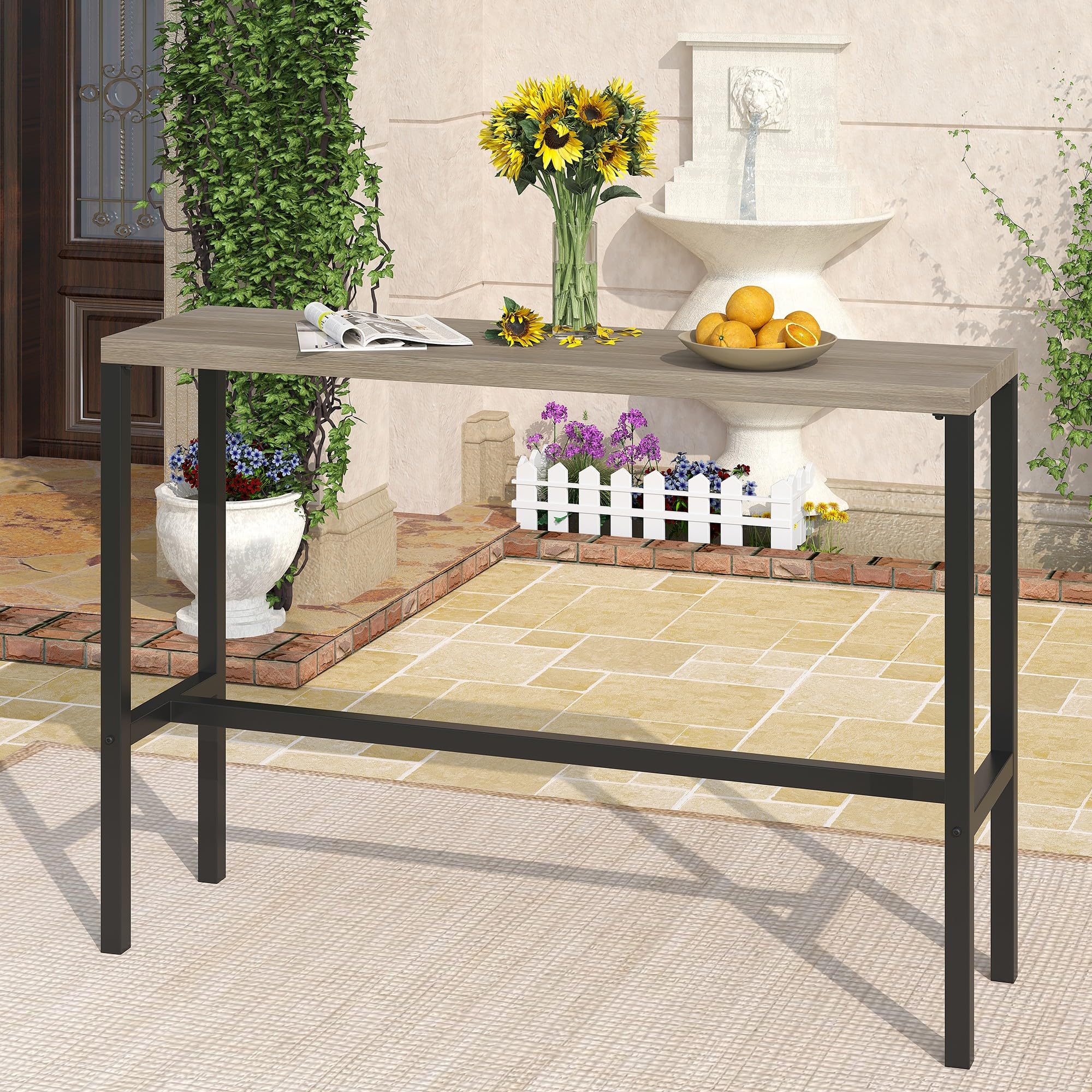 DIFY 45.3 Inch Outdoor Bar Table - Patio Pub Height Dining Table with Wood-Like Tabletop - Narrow Rectangle Design for Bistro, Balcony, Garden & Backyard - Weather-Resistant Grey Finish - Perfect for Outdoor Entertaining, BBQs & Small Space Dining