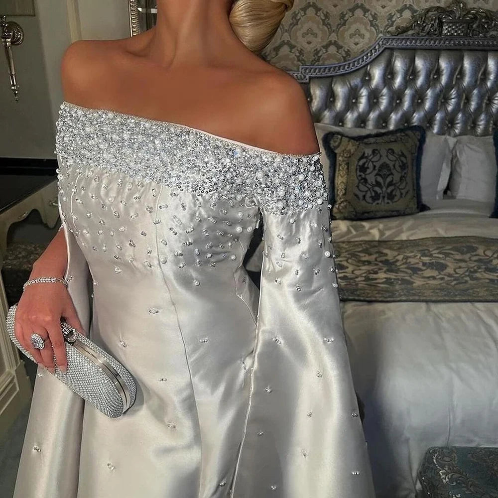 Luxury Dubai Off Shoulder A-Line Gray Satin Evening Gown with Pearl Beading - Elegant Formal Dress for Prom, Wedding & Gala Events LA72779