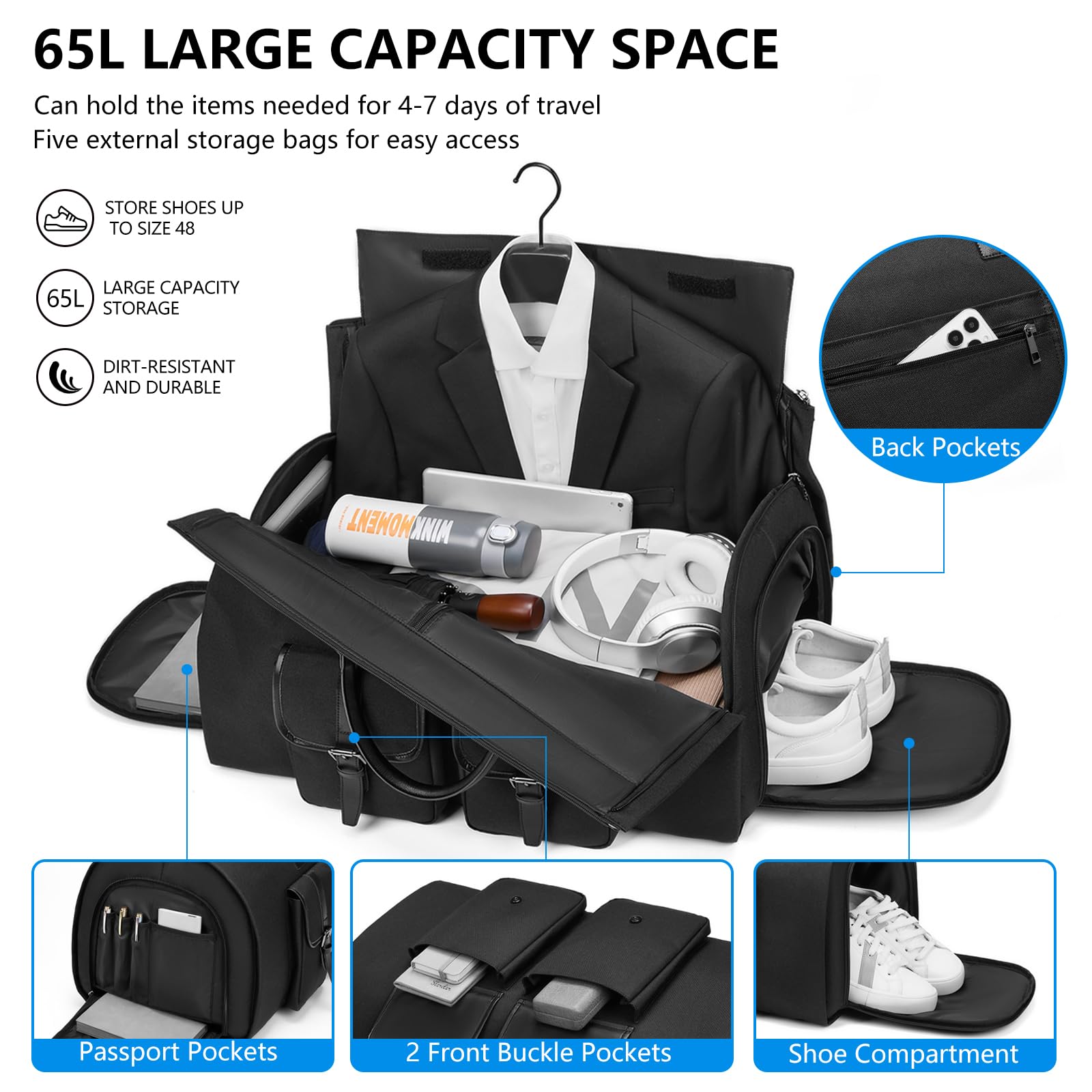 **Waterproof Convertible Carry On Garment Bag for Travel - 2-in-1 Large Luggage Dress & Weekender Bag with Shoe Pouch for Men | Business Trips, Vacations & Formal Events**