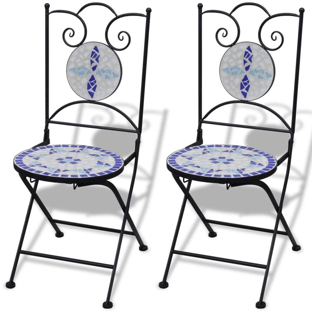 Ceramic Terracotta Mosaic Table with Blue/White Folding Bistro Chairs Set - Outdoor Patio, Garden, Balcony Dining Furniture for Small Spaces