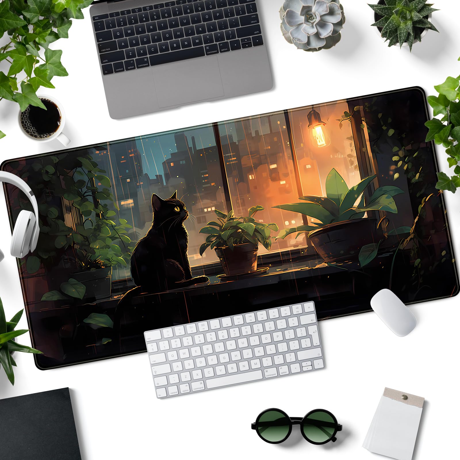 Black Cat Anime Desk Mat - Large Gaming Mouse Pad with Green Plants for Women, Perfect for Laptop & Desktop Decor