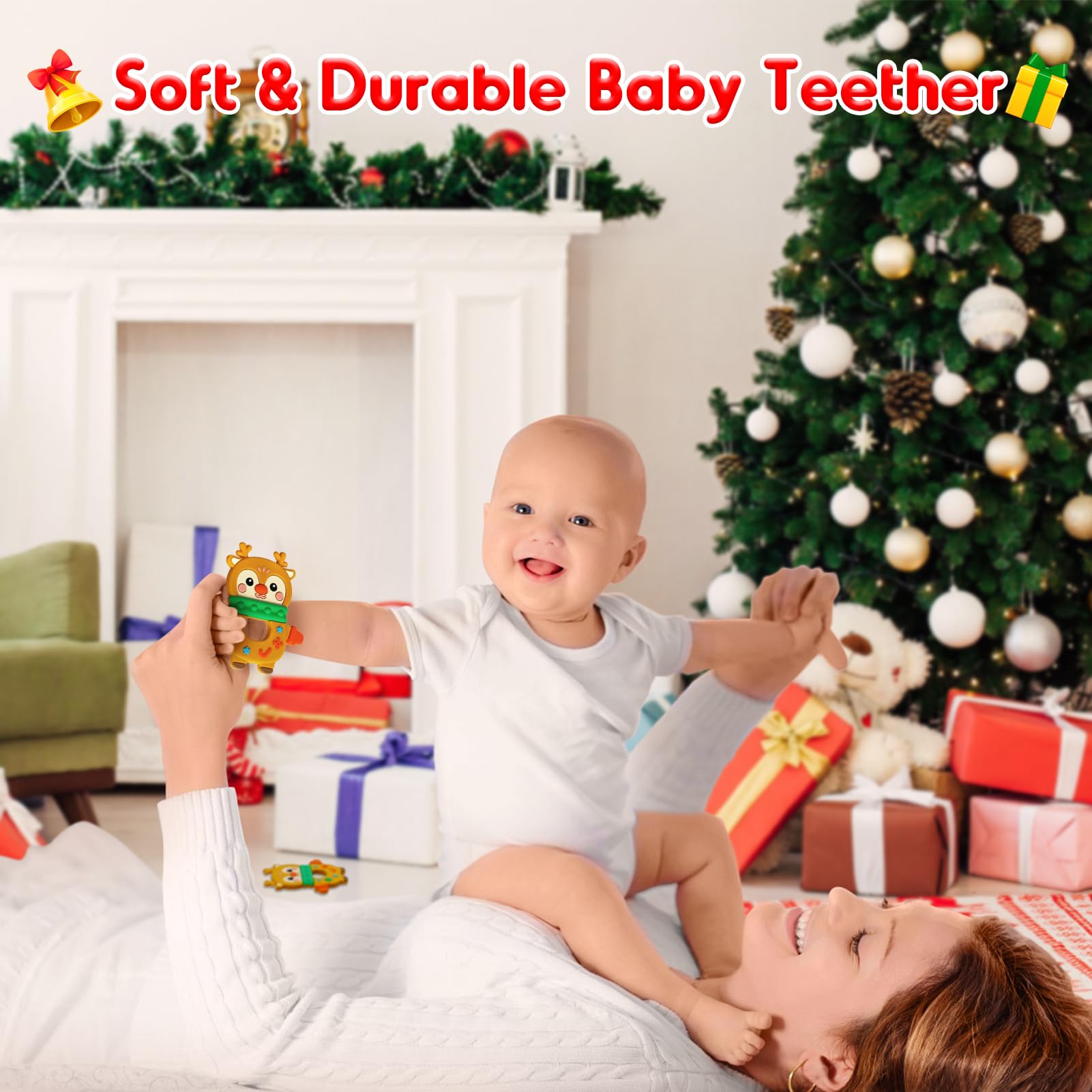 NPET Christmas Deer Baby Teething Toy for 3-12 Months - Soft & Safe Holiday Infant Gifts for Boys & Girls - Cute Deer Themed Teether for Soothing Sore Gums - Perfect for Christmas Stocking Stuffers, Baby Showers & First Birthday Presents