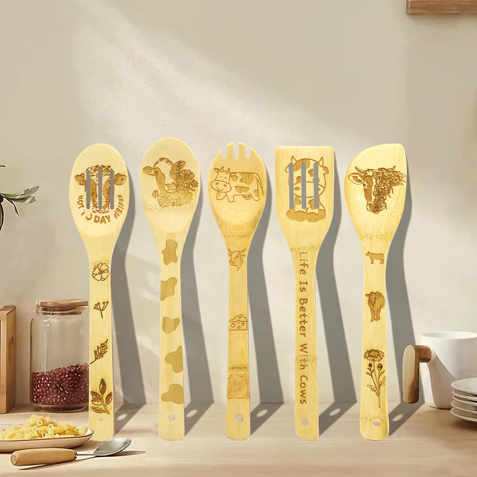 Unique Cow-Themed Kitchen Utensil Set - Bamboo Cooking Spoons & Apron Gift for Women | Perfect Housewarming, Mother's Day & Christmas Present for Cow Lovers | Ideal for Farmhouse Decor & Cooking Enthusiasts