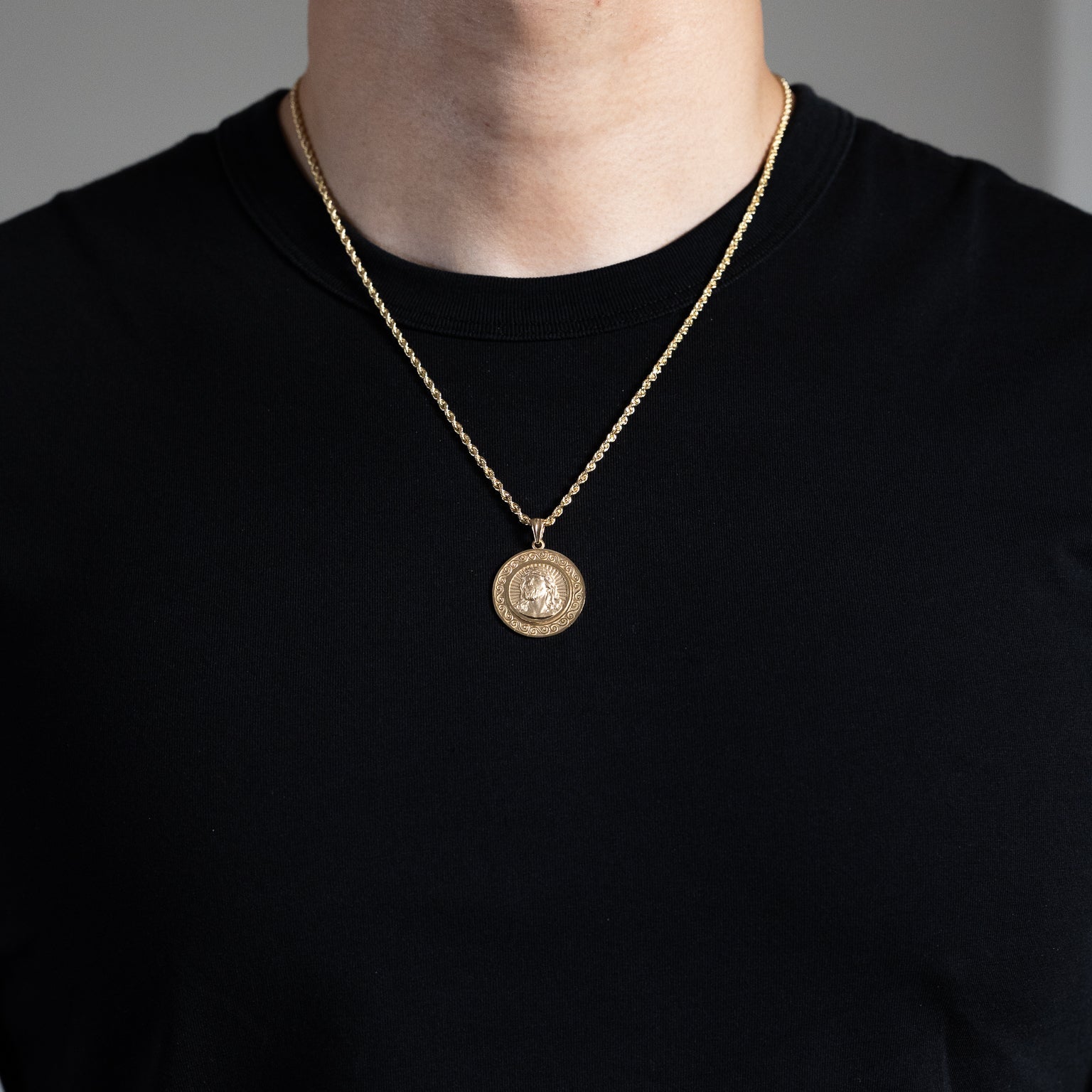 Gold Large Round Medal Jesus Pendant PT3235 - Religious Jewelry for Men & Women - Perfect for Baptism, Confirmation & Faith-Based Gifts