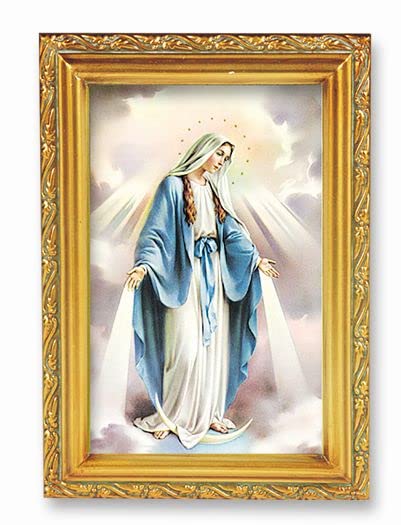 Our Lady of Grace Framed Wall Art - Antique Gold Leaf Finish with Acanthus Leaf Edging - Religious Home Decor for Bedroom, Living Room & Prayer Space