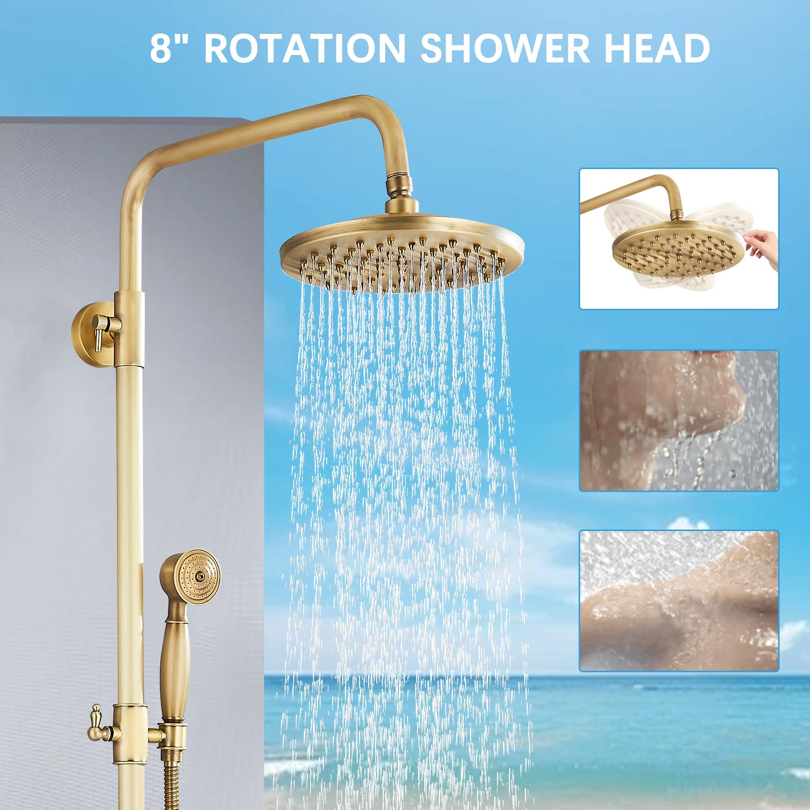 Antique Brass Shower System - 8 Inch Rainfall Shower Head & Handheld Spray - Wall Mounted Bathroom Faucet Set with 2 Cross Handles - Solid Brass Construction - Perfect for Outdoor Showers, Master Bathrooms & Spa-Like Experiences