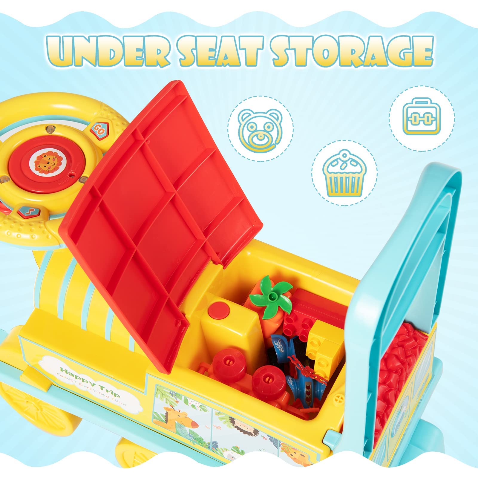 OLAKIDS 6V Electric Ride On Train Toy for Kids with Track, Lights & Sounds - Retractable Footrest & Under Seat Storage - Christmas Themed Battery Powered Gift for Toddlers, Boys & Girls (Lion) - Perfect for Indoor Play, Birthday & Holiday Gifts