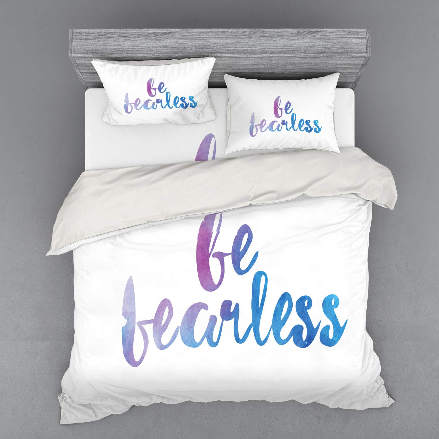 Ambesonne King Size Duvet Cover Set - 4 Piece Bedding with Shams & Fitted Sheet, Watercolor 'Be Fearless' Text Design in Lilac, White & Blue | Modern Bedroom Decor for Teens & Adults